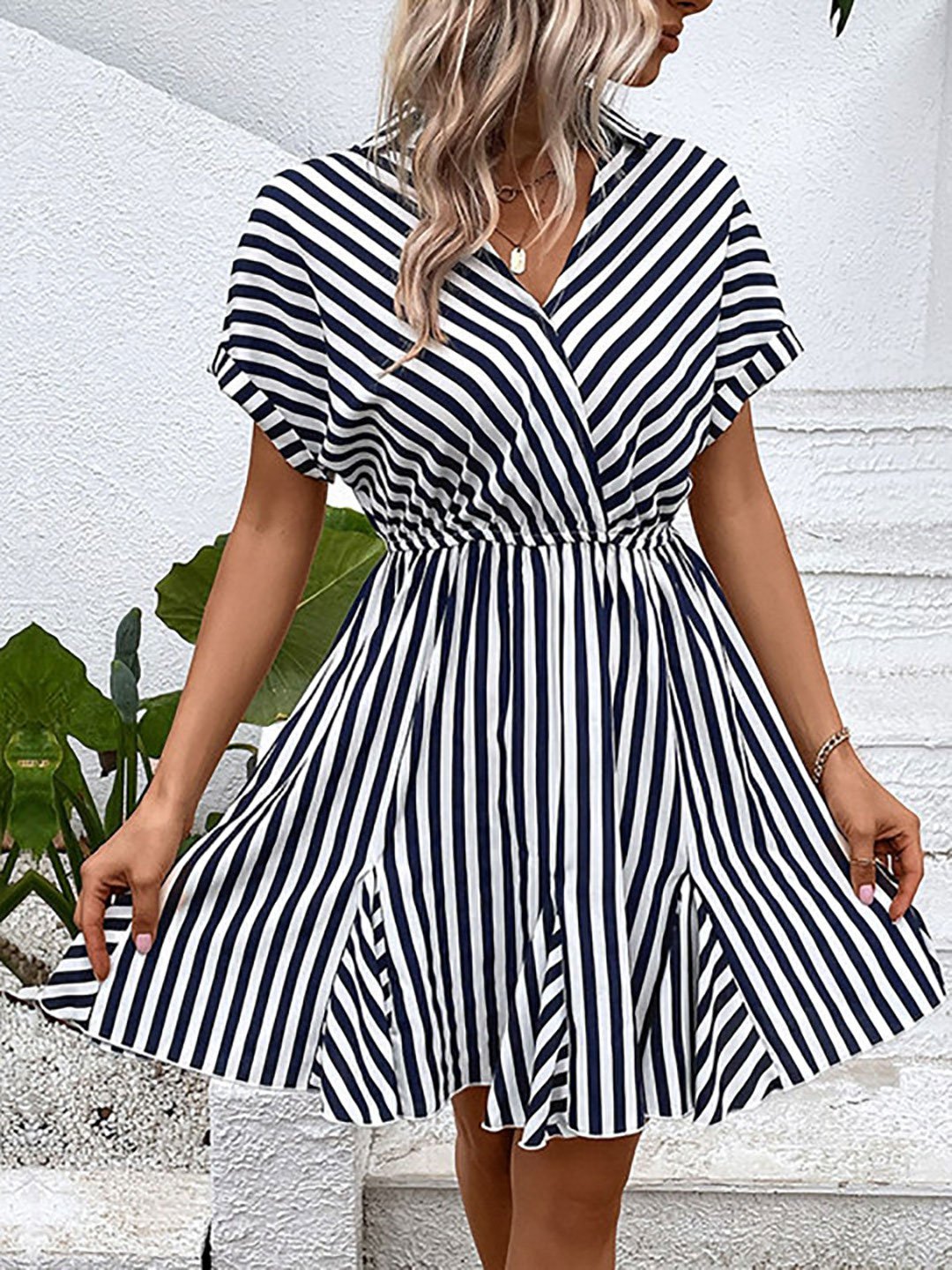 White Striped Shirt Collar Knee-Length Dress
