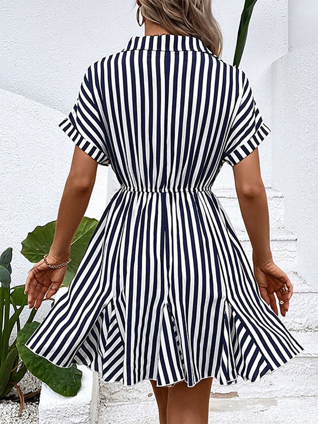 White Striped Shirt Collar Knee-Length Dress