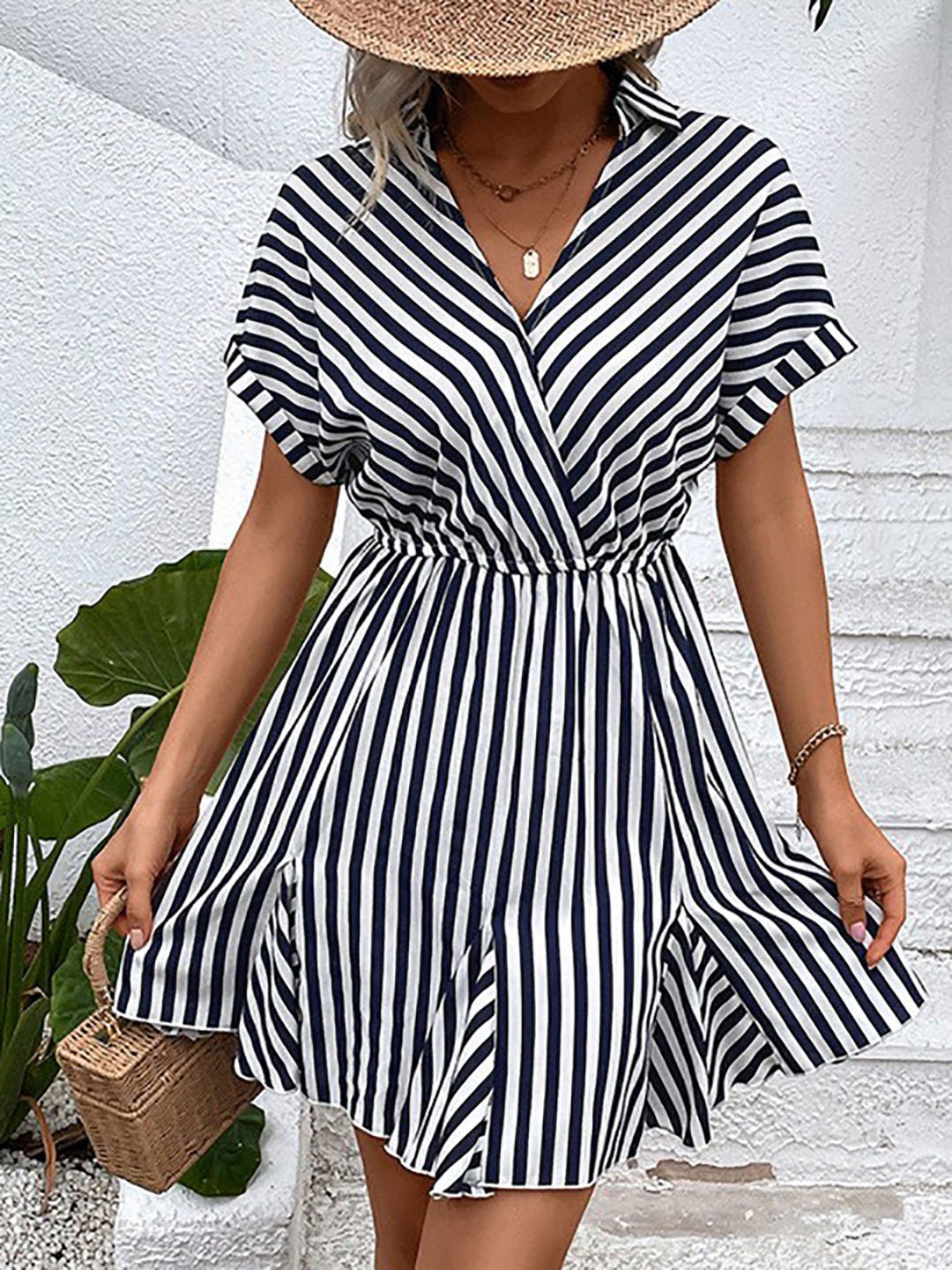 White Striped Shirt Collar Knee-Length Dress