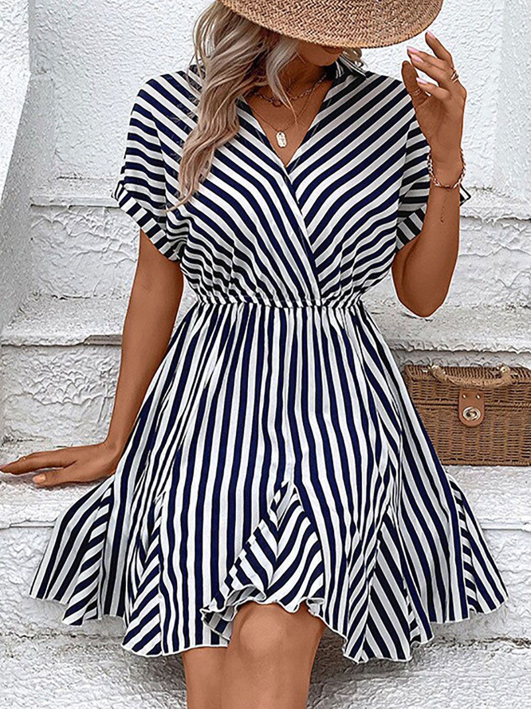 White Striped Shirt Collar Knee-Length Dress