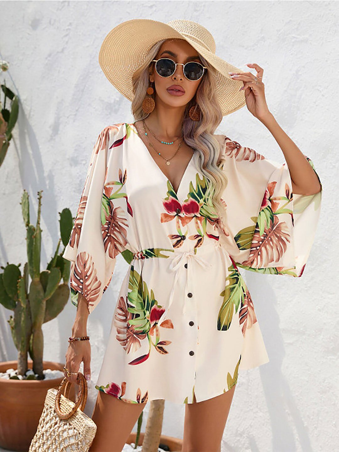 Cream Floral Printed Flared Sleeves Mini Dress