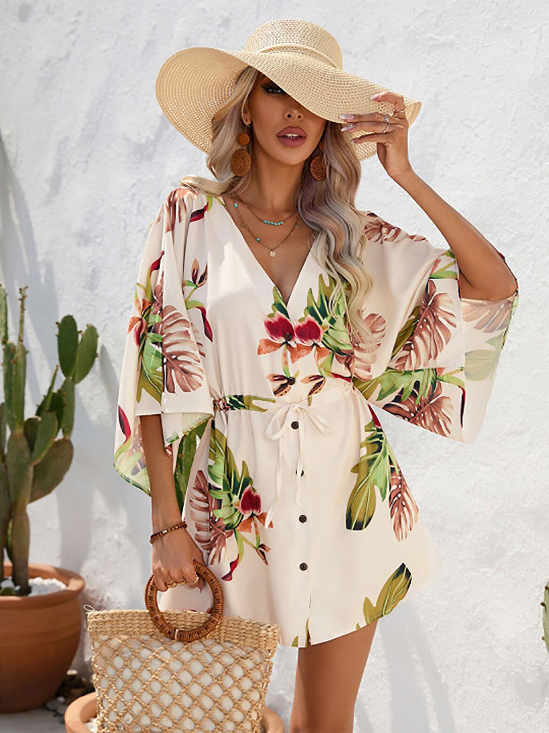 Cream Floral Printed Flared Sleeves Mini Dress