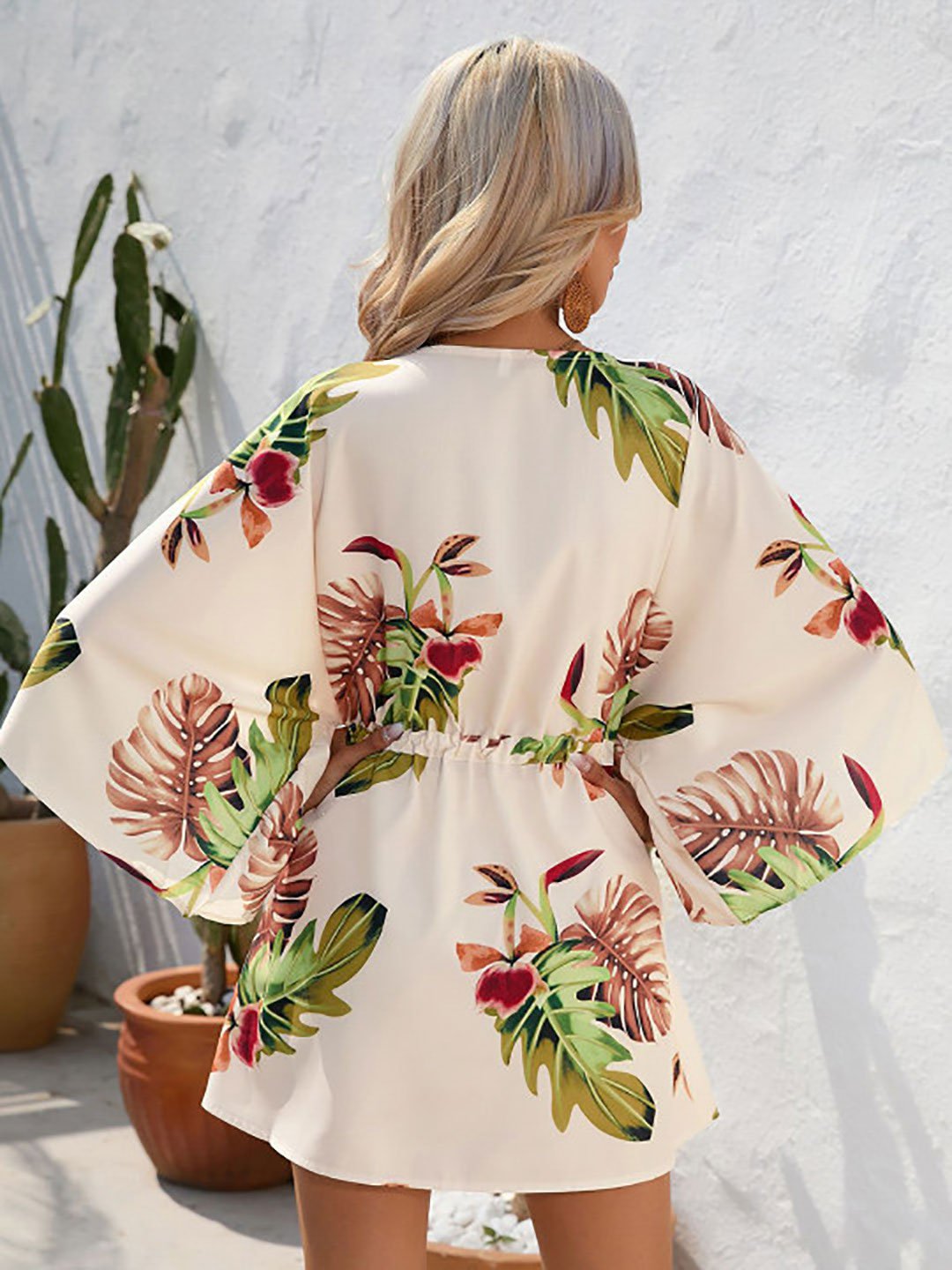 Cream Floral Printed Flared Sleeves Mini Dress