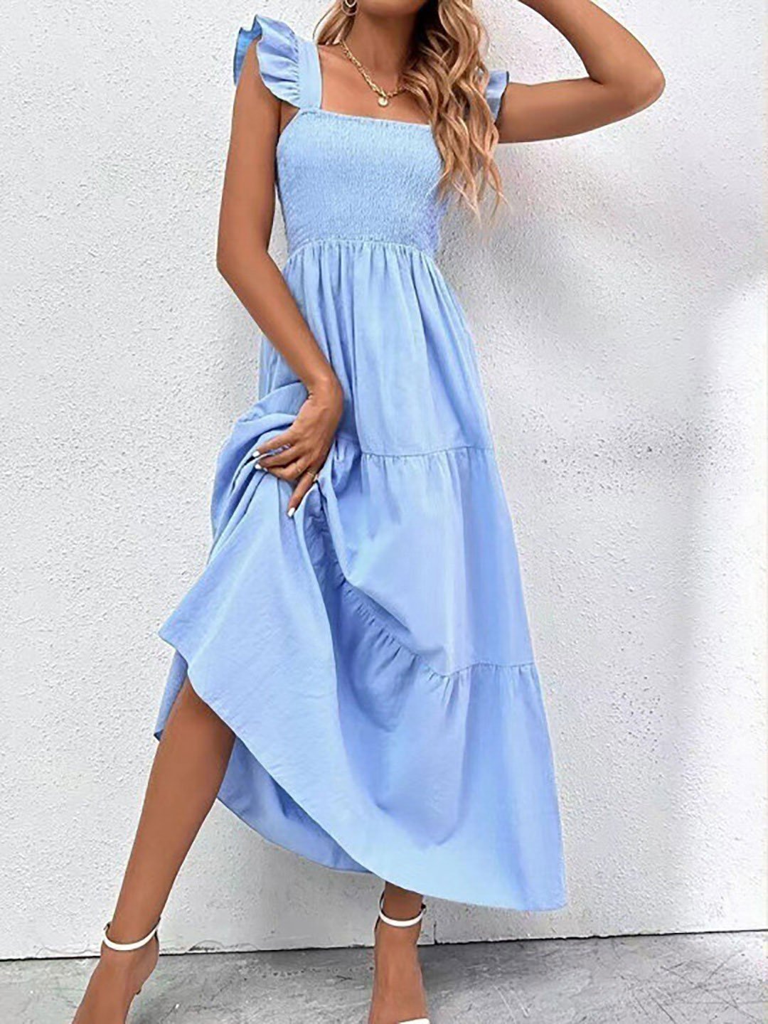 Blue Sleeveless Smocked Tiered Maxi Dress