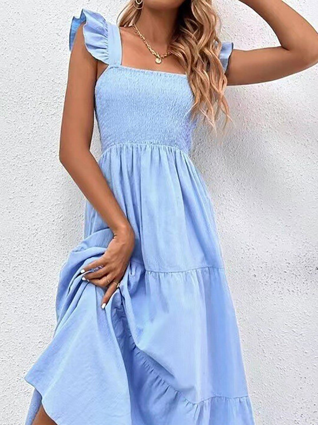 Blue Sleeveless Smocked Tiered Maxi Dress