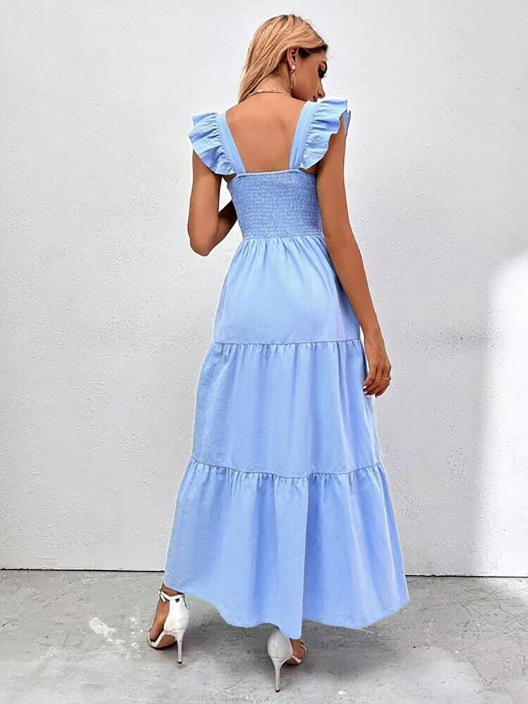 Blue Sleeveless Smocked Tiered Maxi Dress