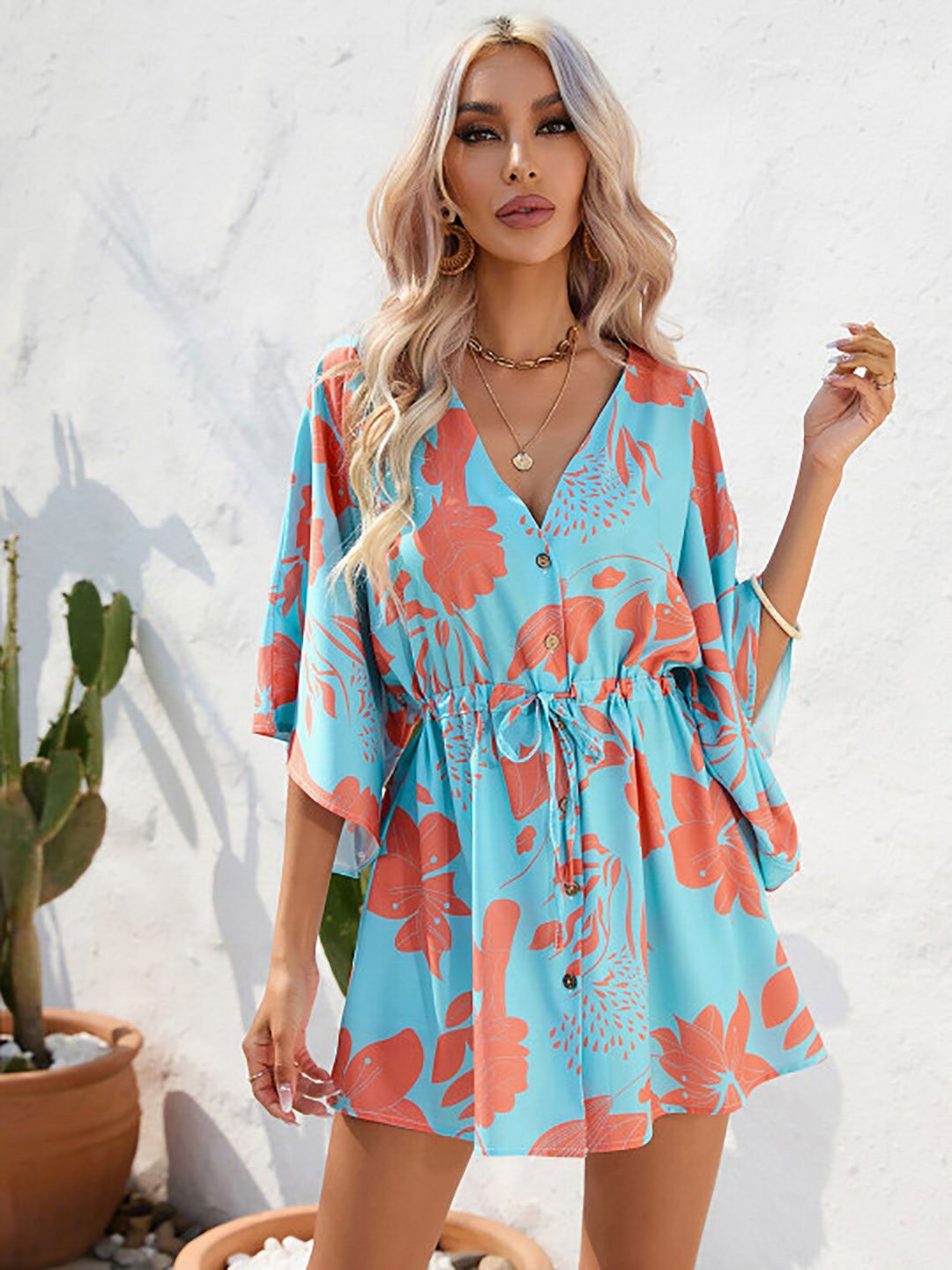 Blue Floral Print Drawstring Mini Dress