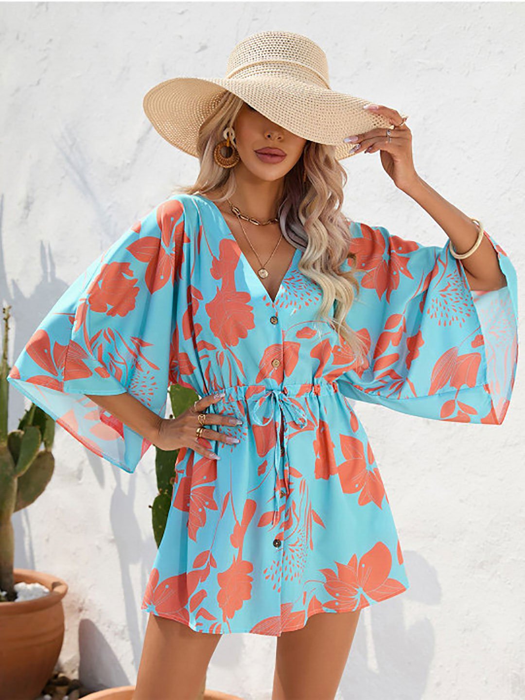 Blue Floral Print Drawstring Mini Dress