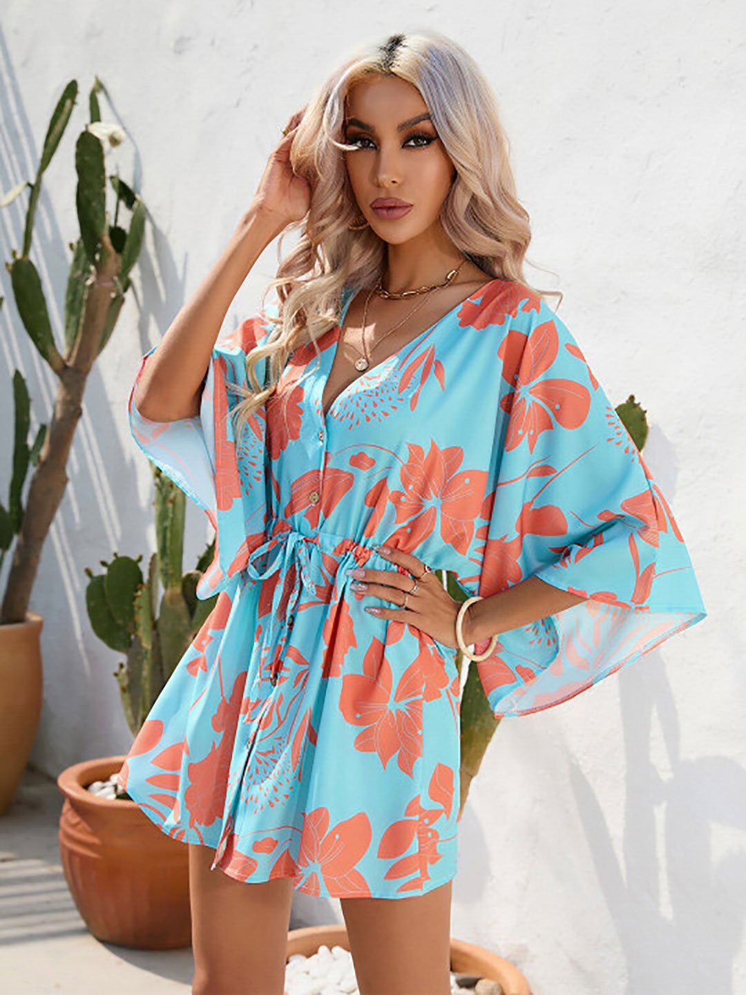 Blue Floral Print Drawstring Mini Dress