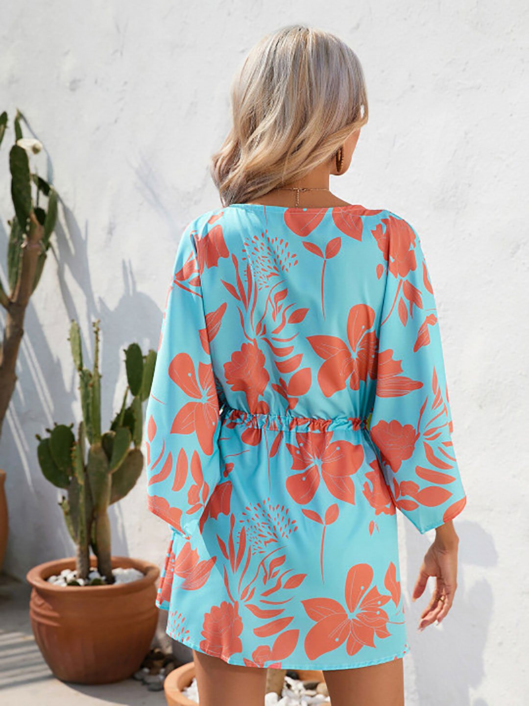 Blue Floral Print Drawstring Mini Dress