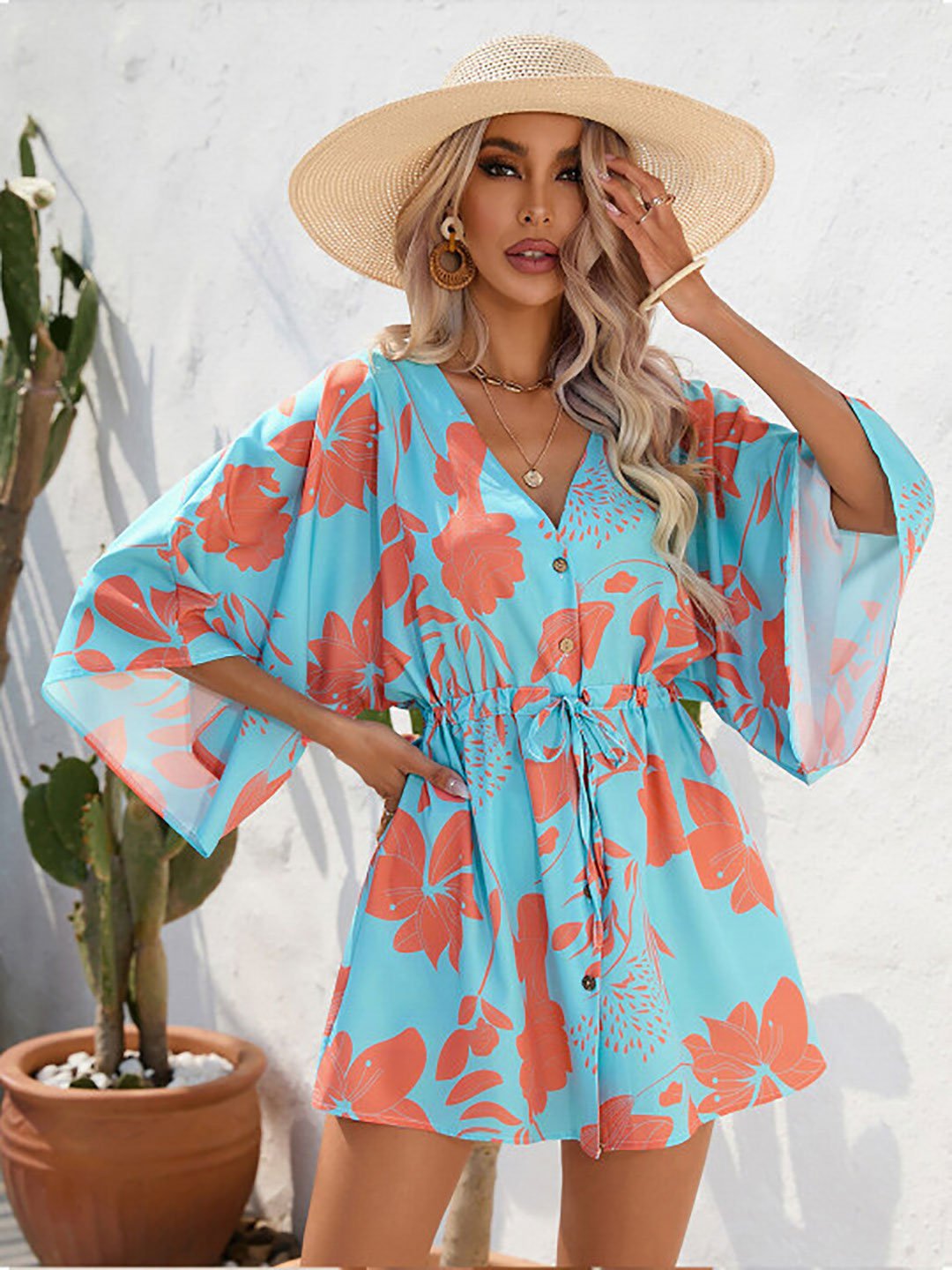 Blue Floral Print Drawstring Mini Dress