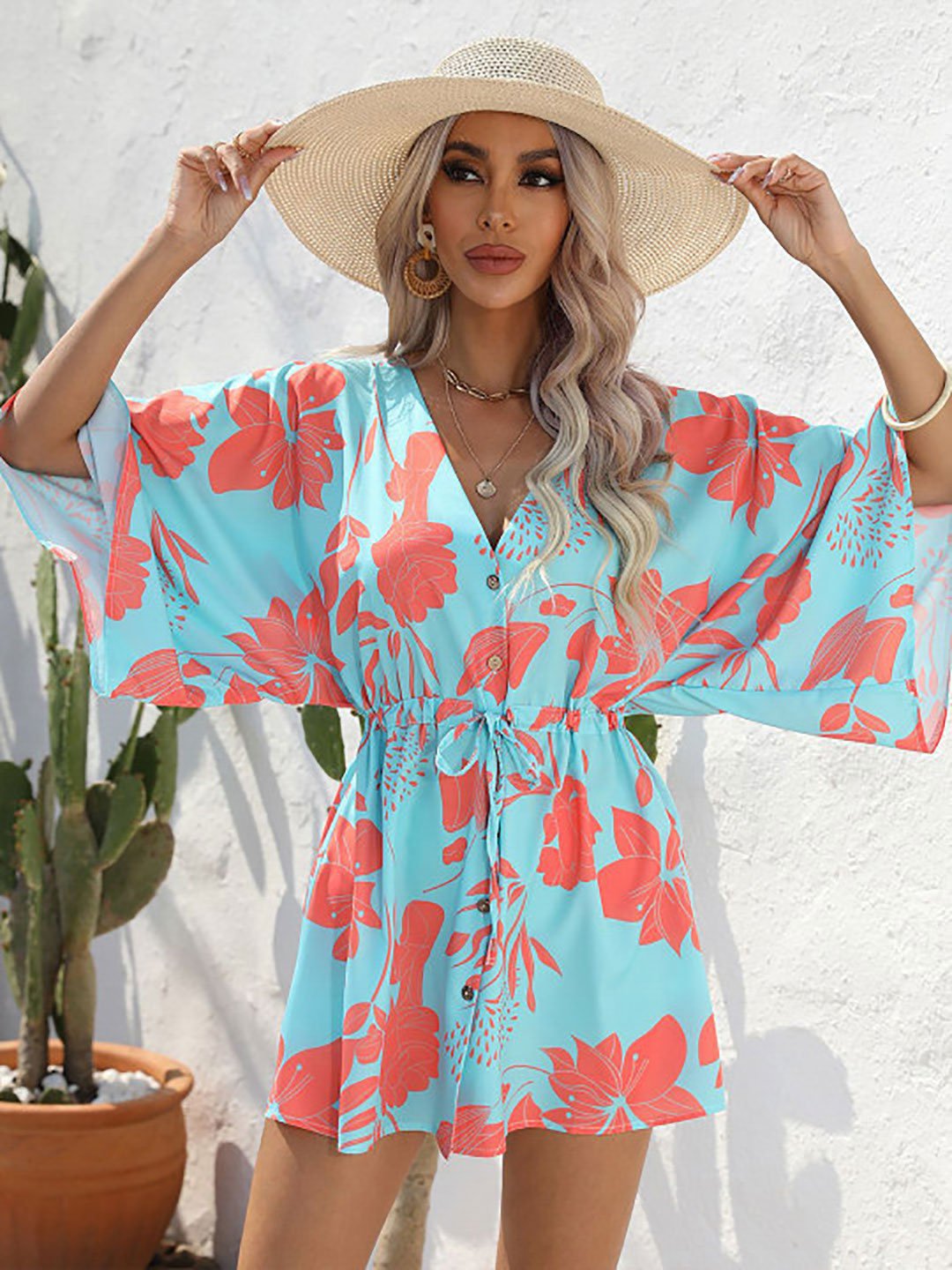 Blue Floral Print Drawstring Mini Dress