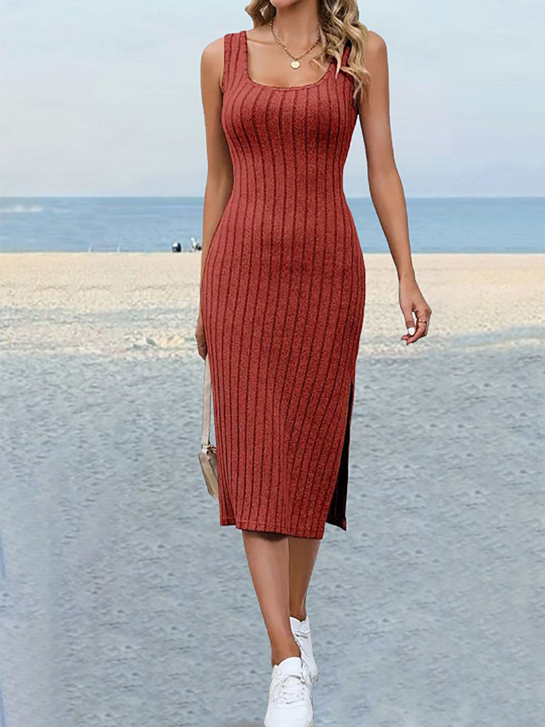 Rust Square Neck Bodycon Midi Dress