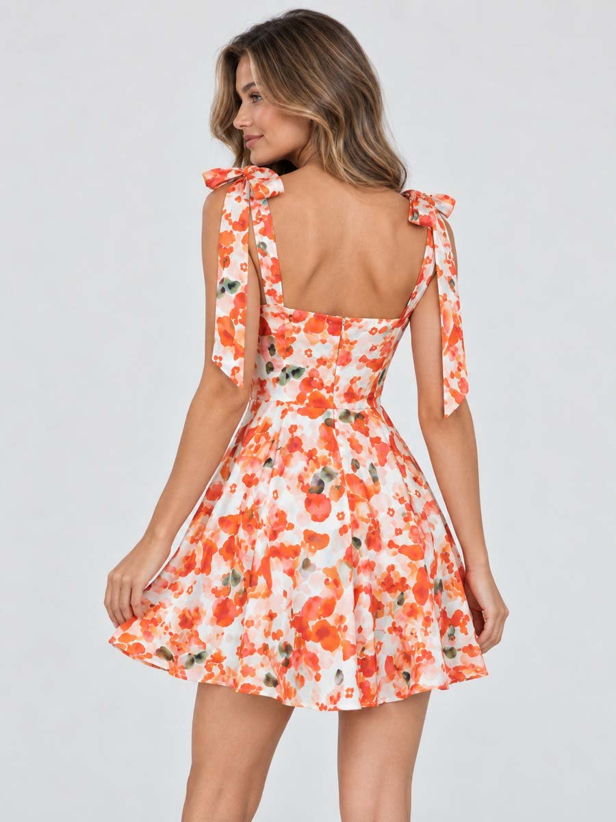 Orange Floral Print Tie-Straps Mini Dress