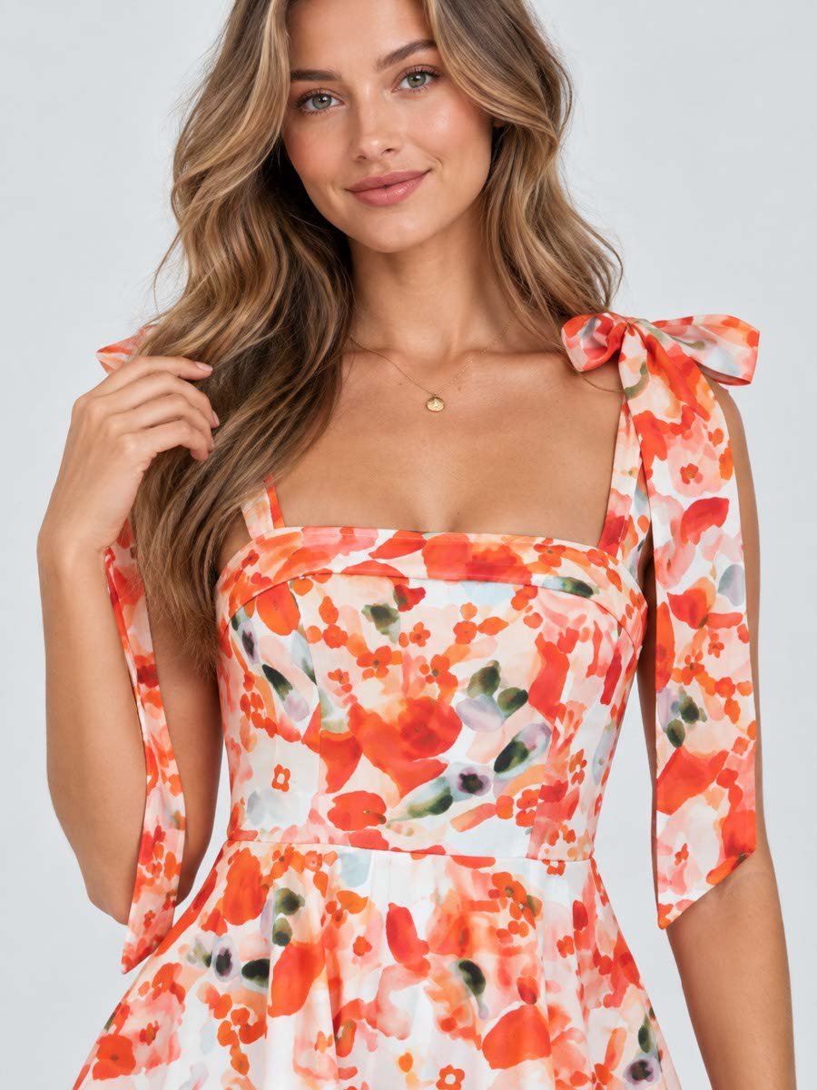 Orange Floral Print Tie-Straps Mini Dress