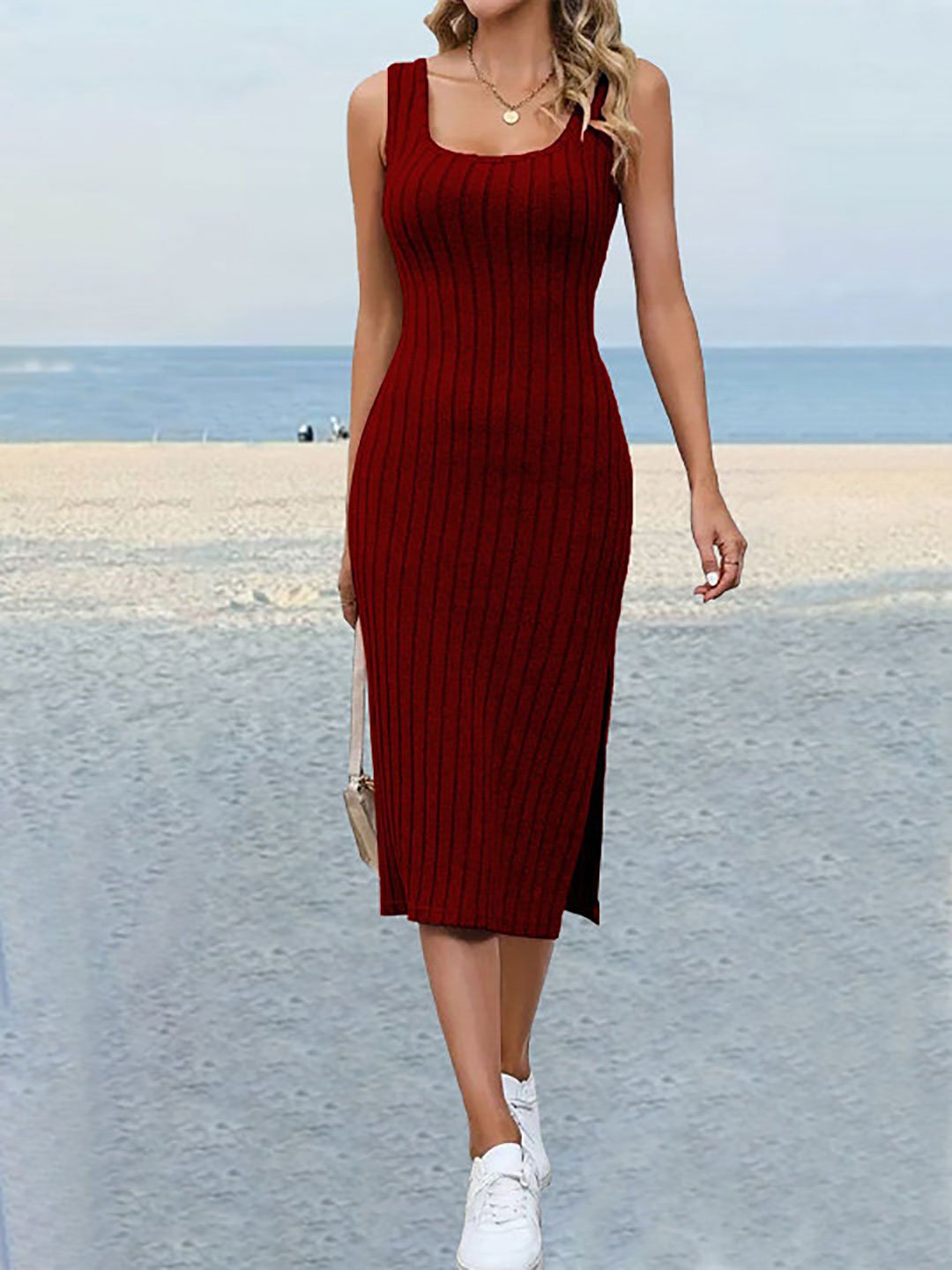 Maroon Square Neck Bodycon Midi Dress