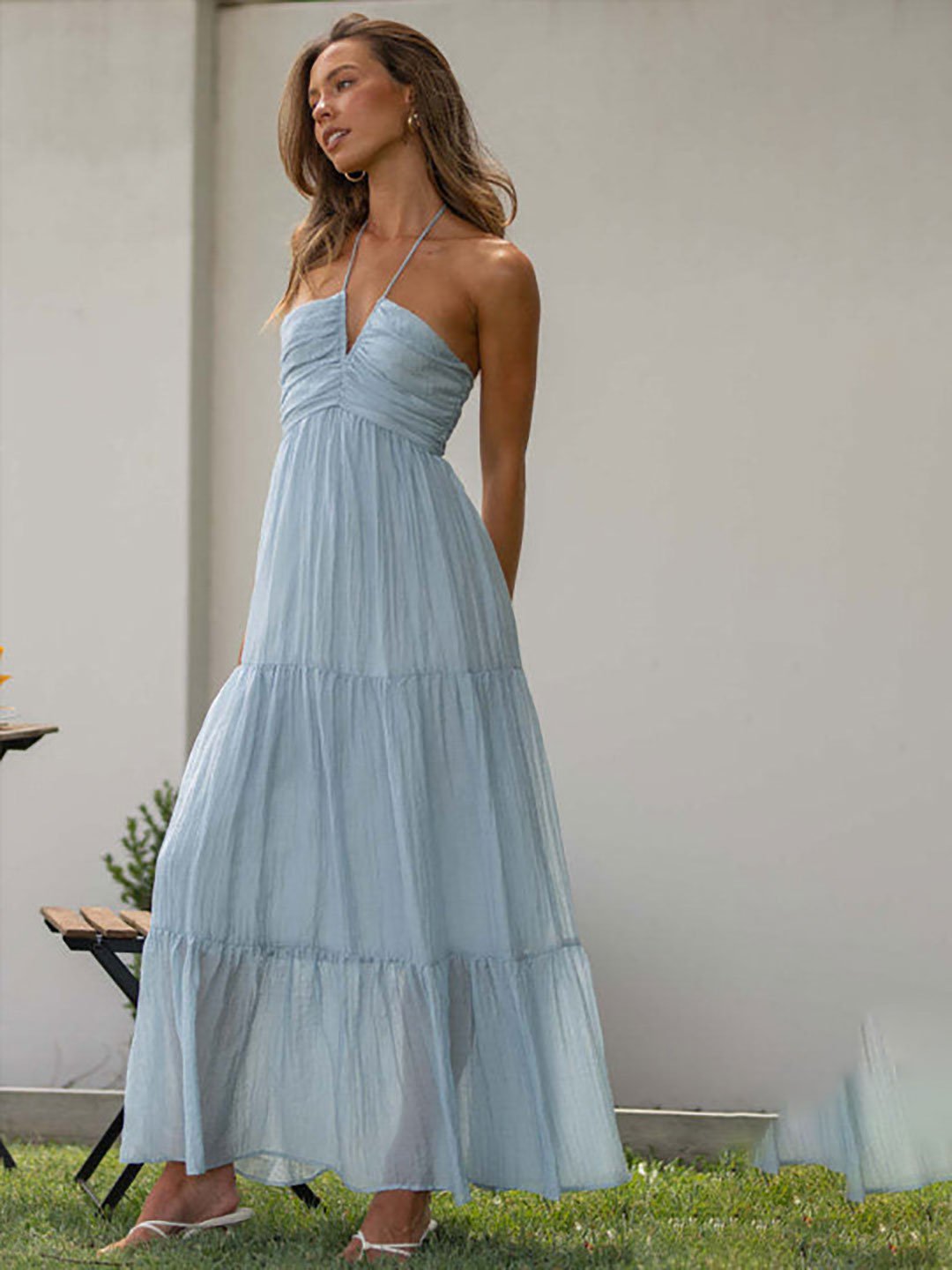 Blue Halter Neck Chiffon Tiered Maxi Dress For Women at Kuwait | Styli