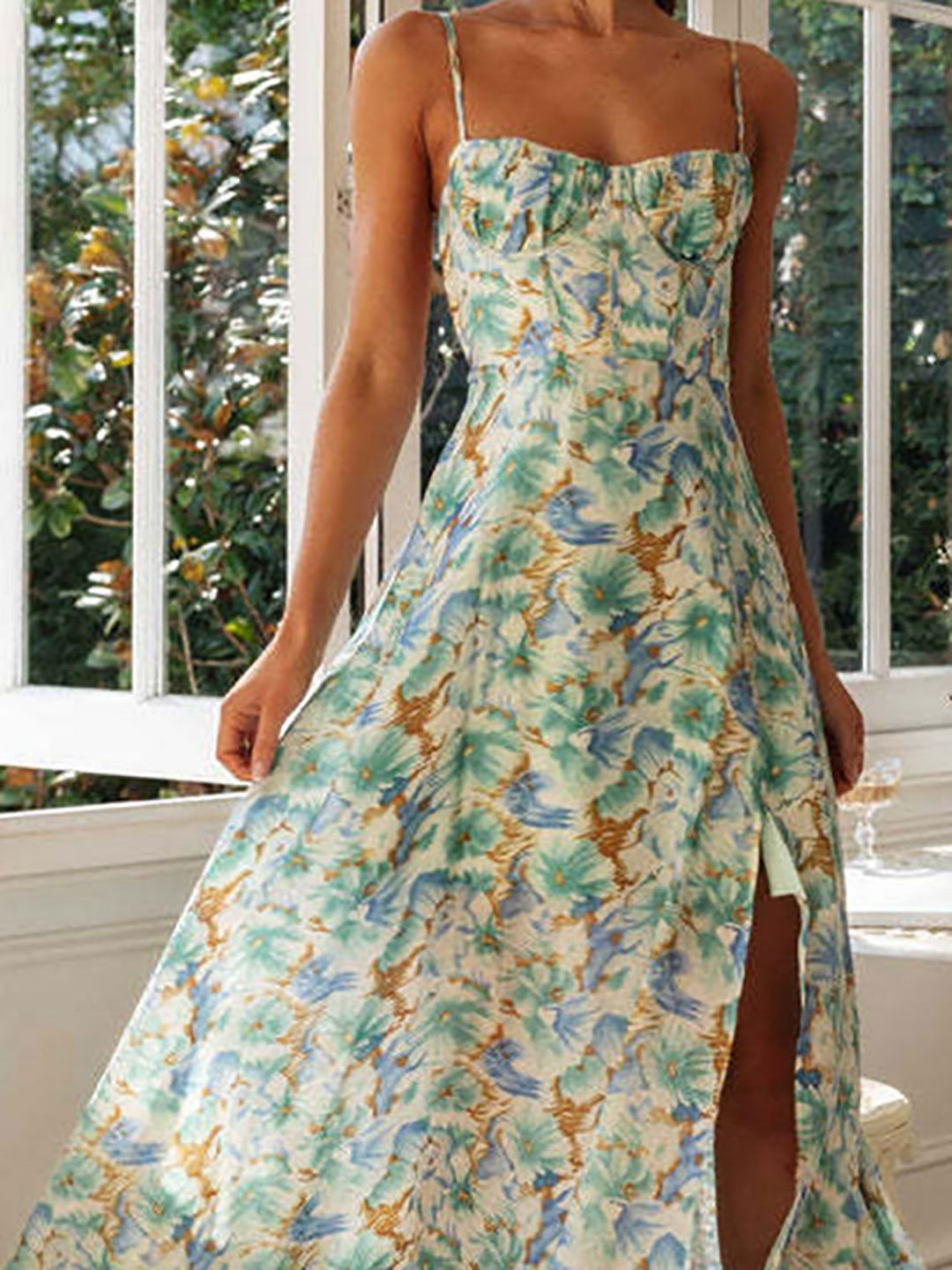 Green Tie-Up Back Floral Maxi Dress