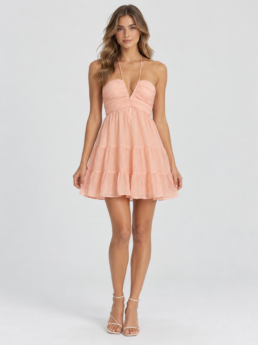 Pink Halter Neck Tiered Mini Dress