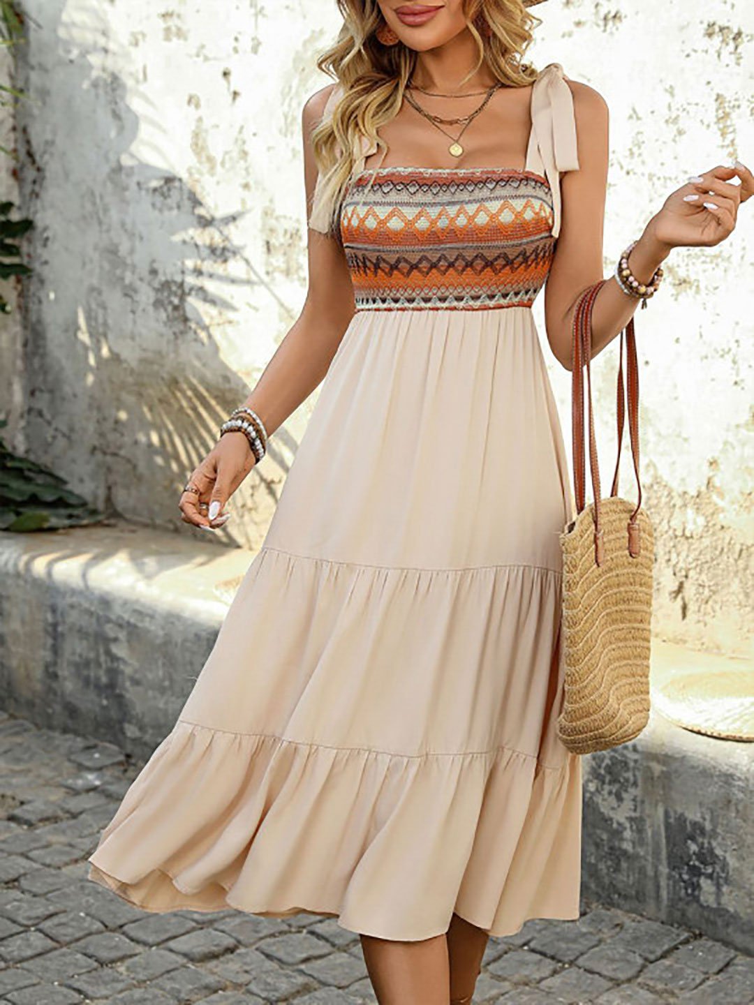 Beige Tie-Strap Tiered Midi Dress