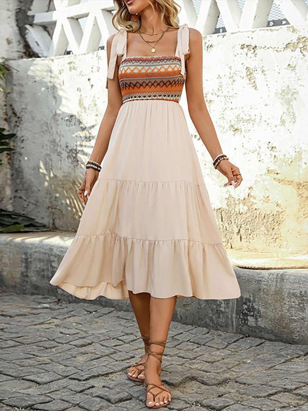 Beige Tie-Strap Tiered Midi Dress