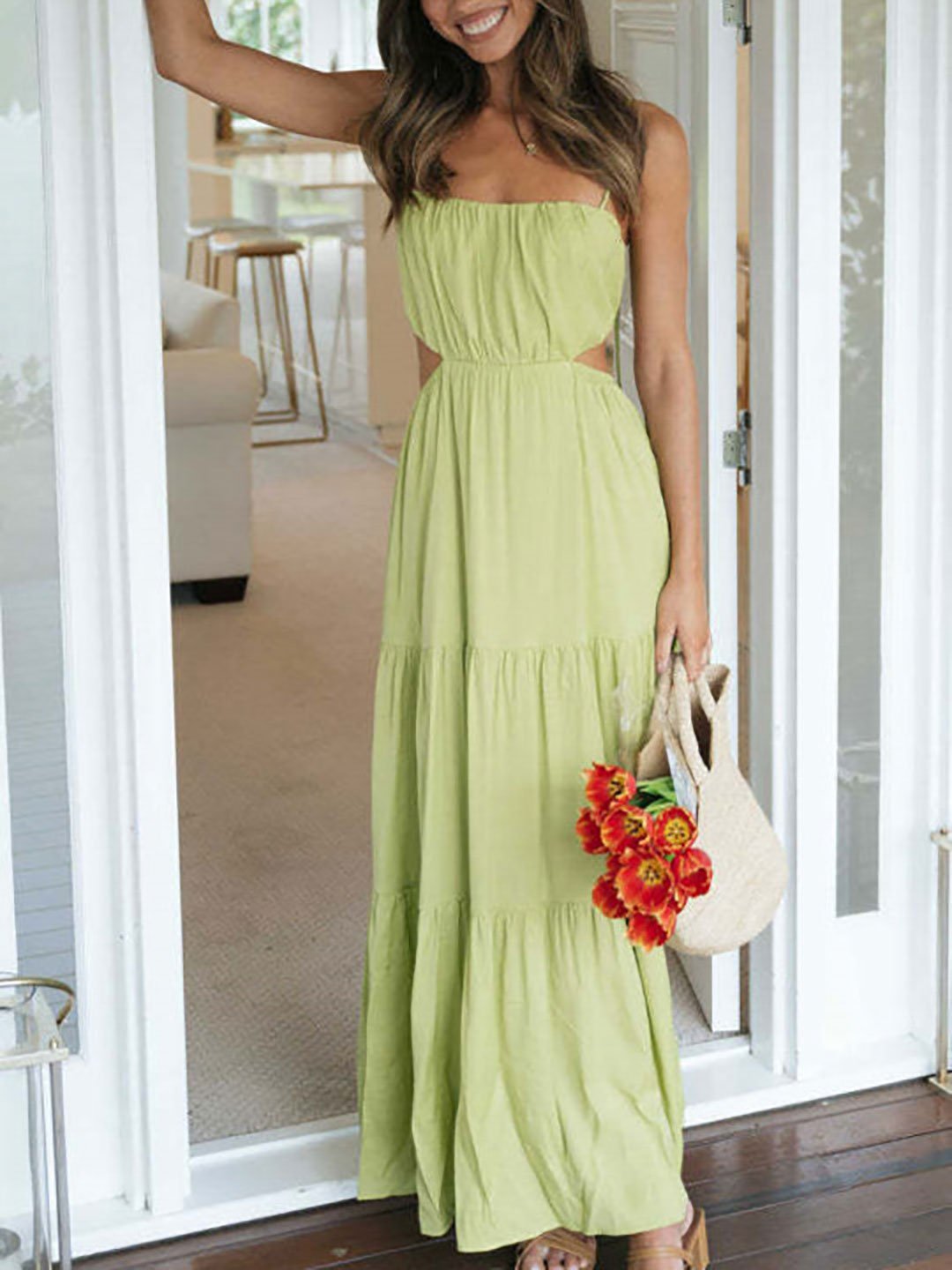 Green Tiered Maxi Dress with Cut-Out Detail