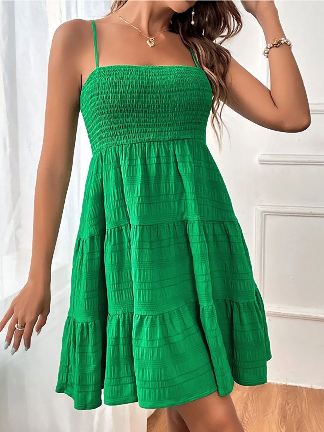 Green Smocked Tiered Mini Dress