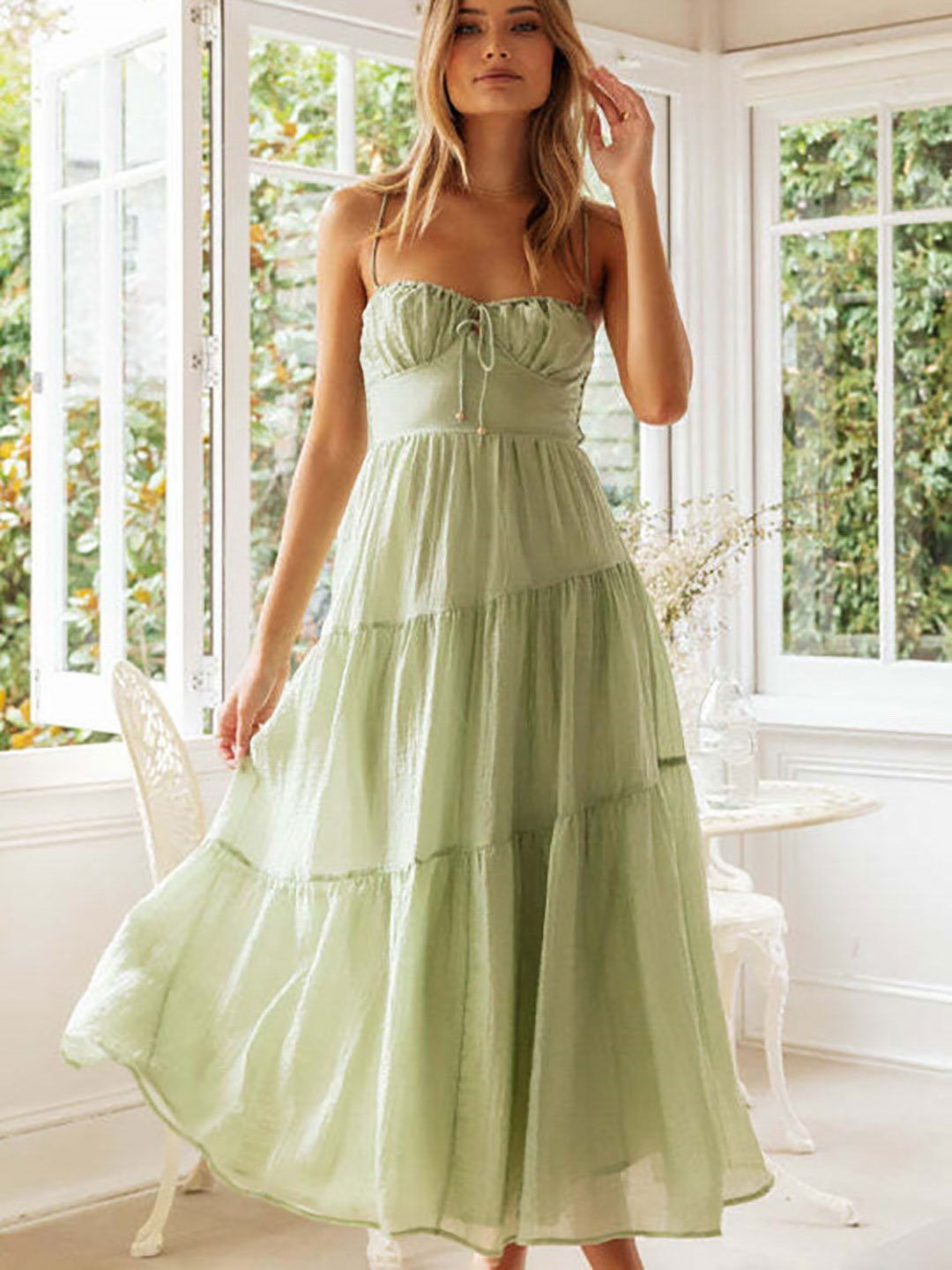 Green Strappy Tiered Maxi Dress