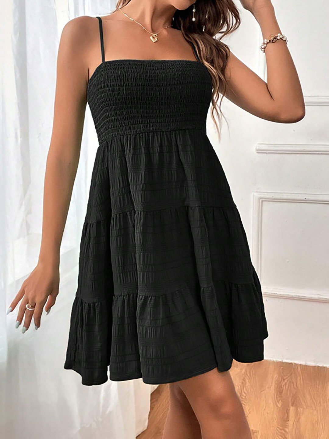 Black Smocked Tiered Mini Dress