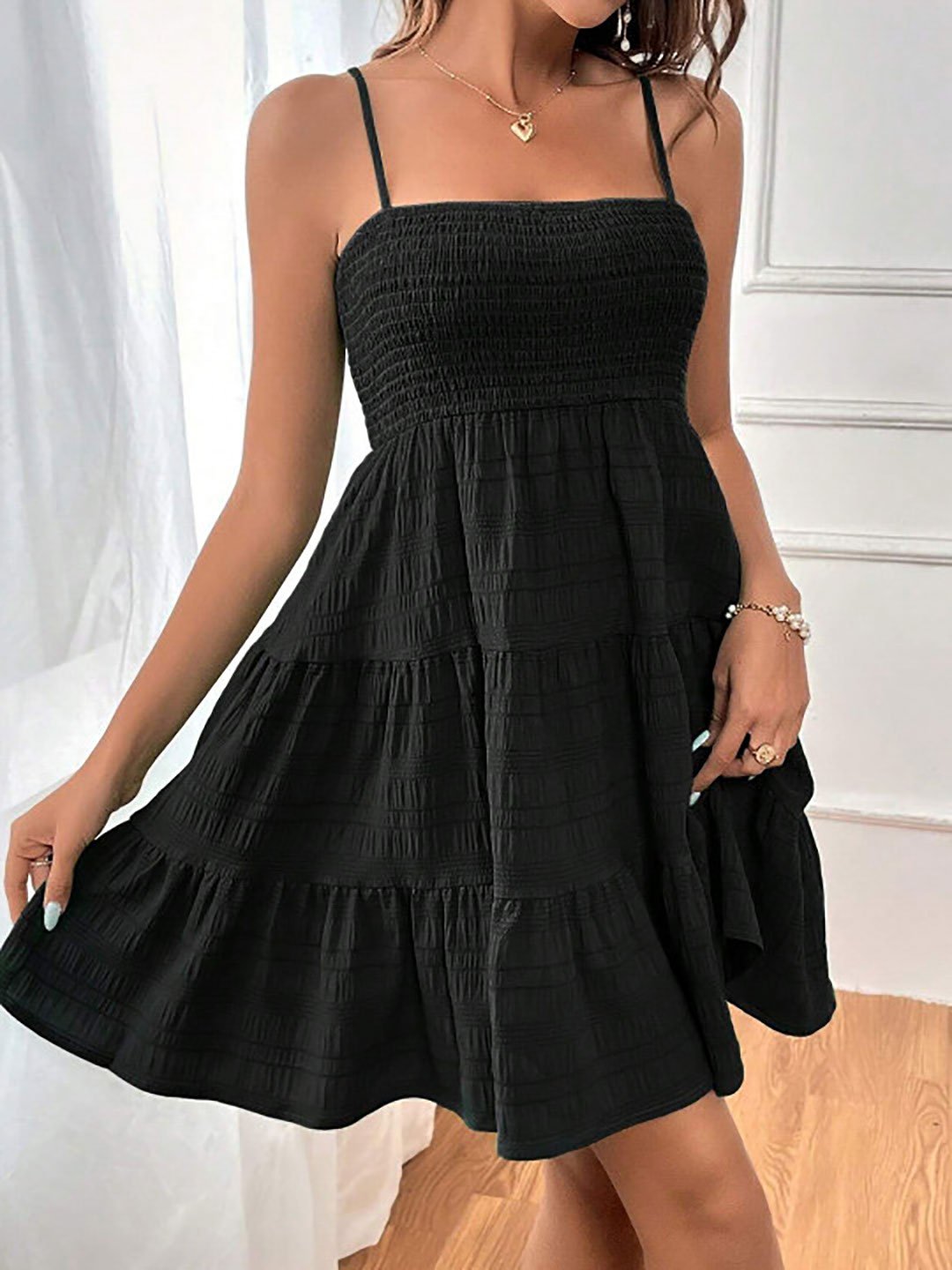 Black Smocked Tiered Mini Dress
