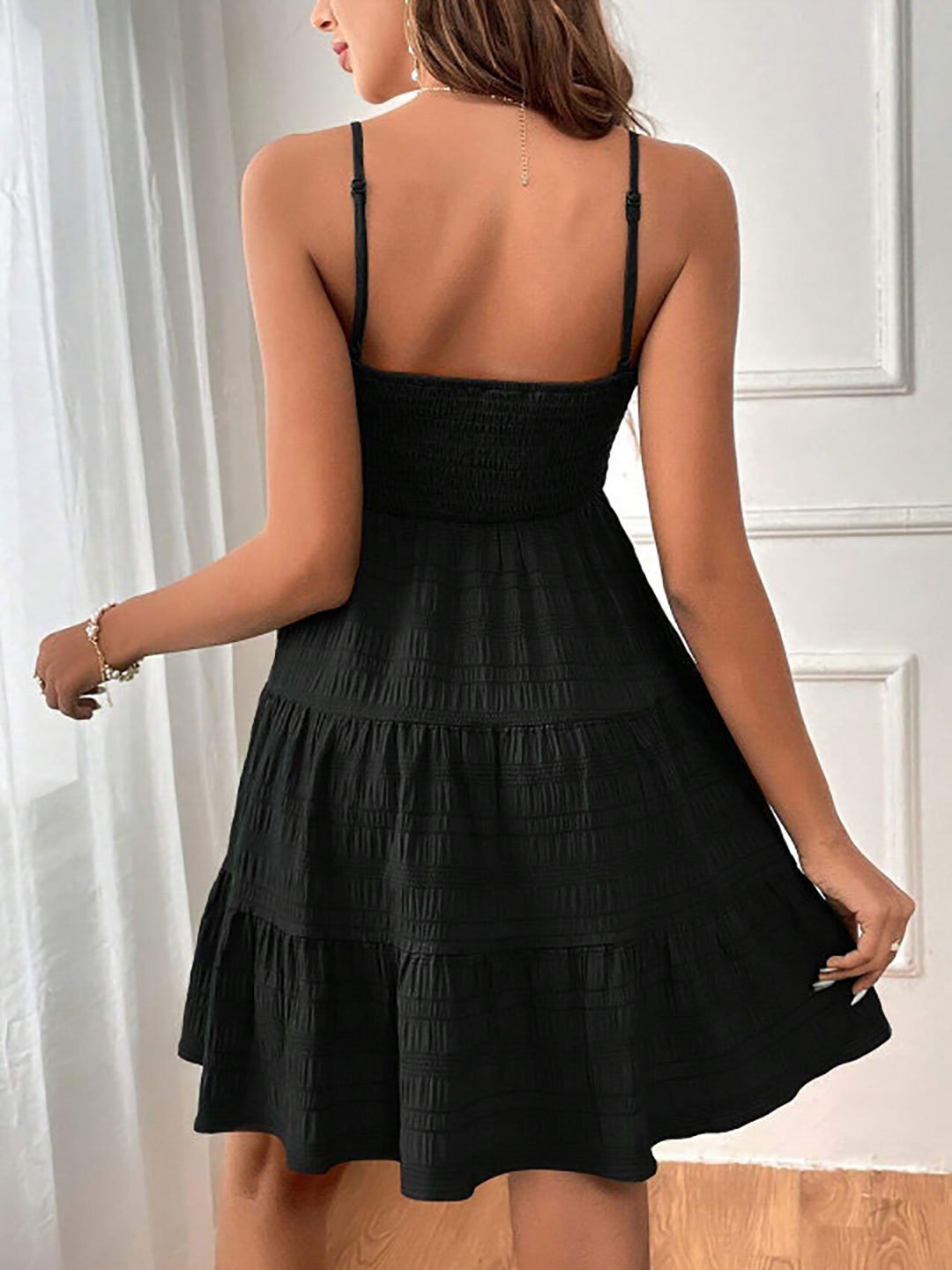 Black Smocked Tiered Mini Dress