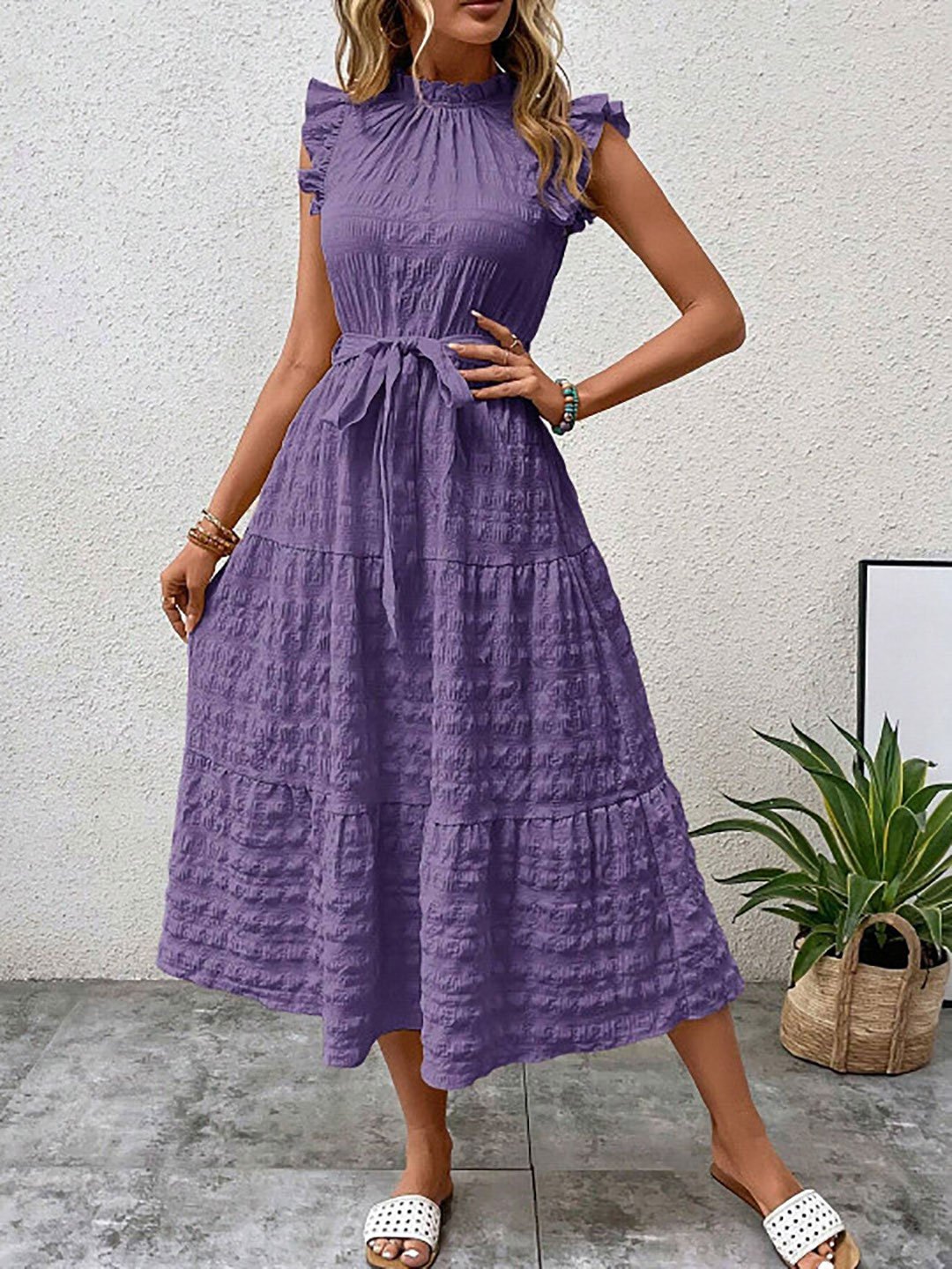 Purple Tiered Midi Dress with Tie-Belt