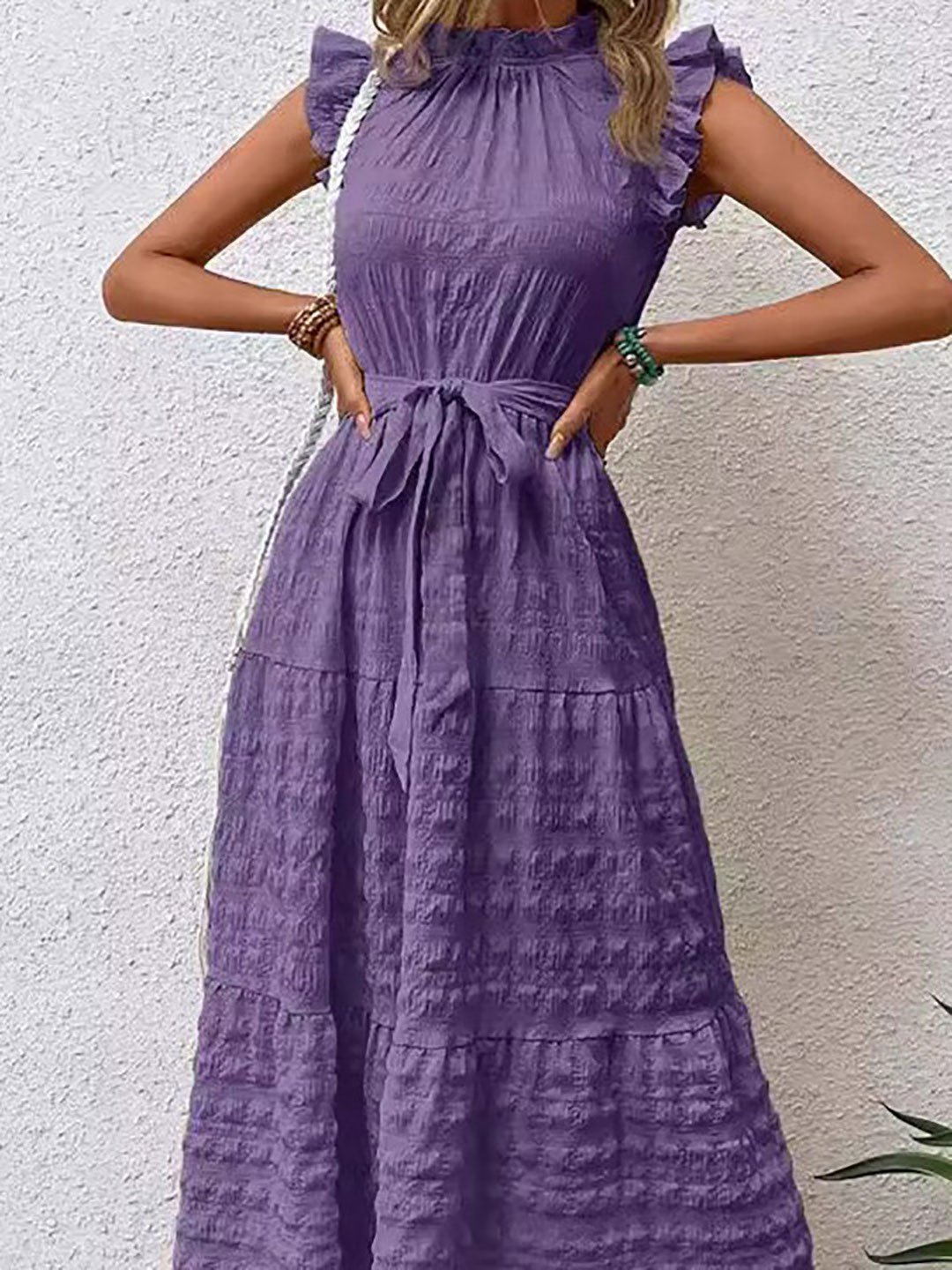 Purple Tiered Midi Dress with Tie-Belt
