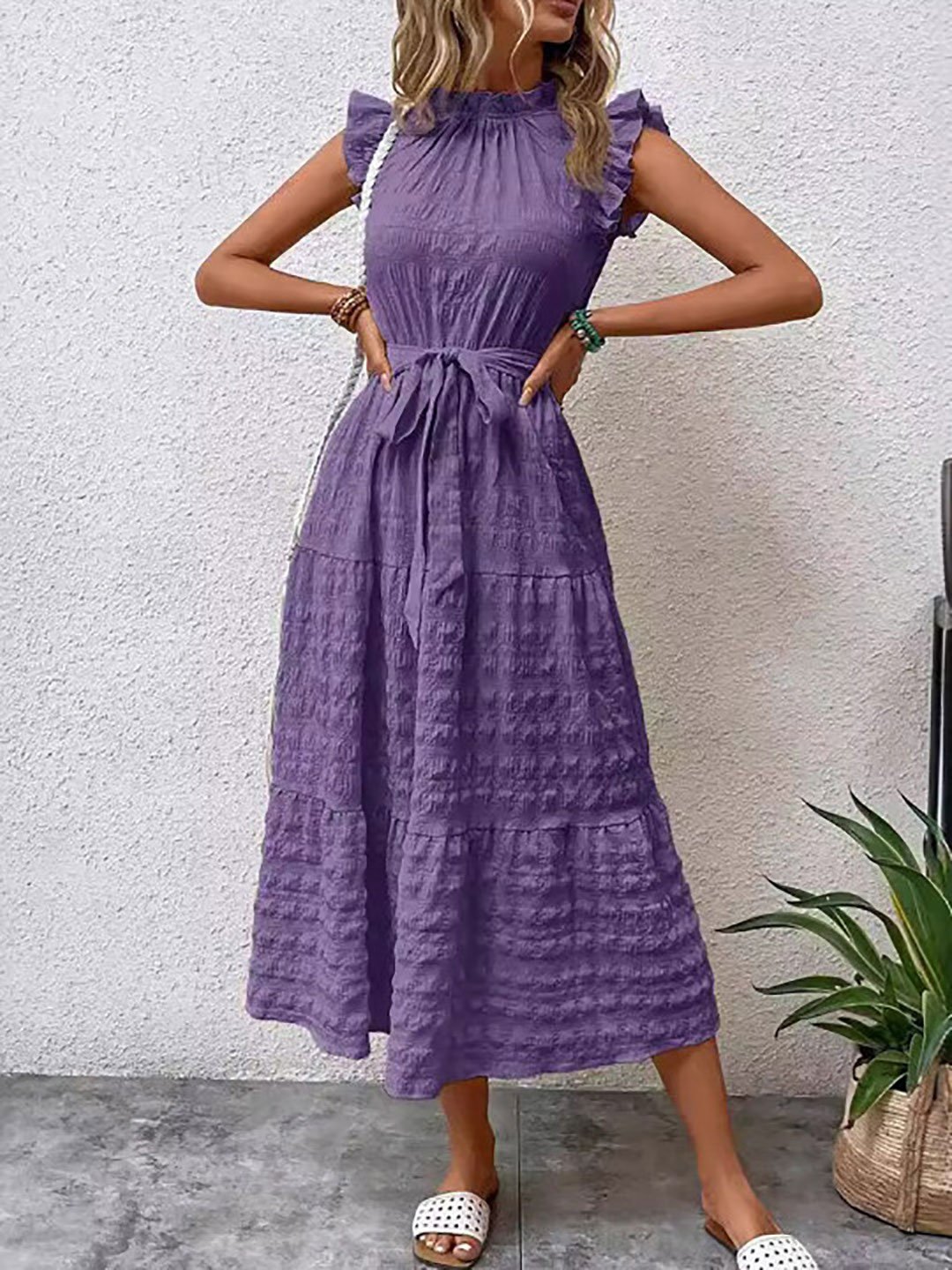 Purple Tiered Midi Dress with Tie-Belt