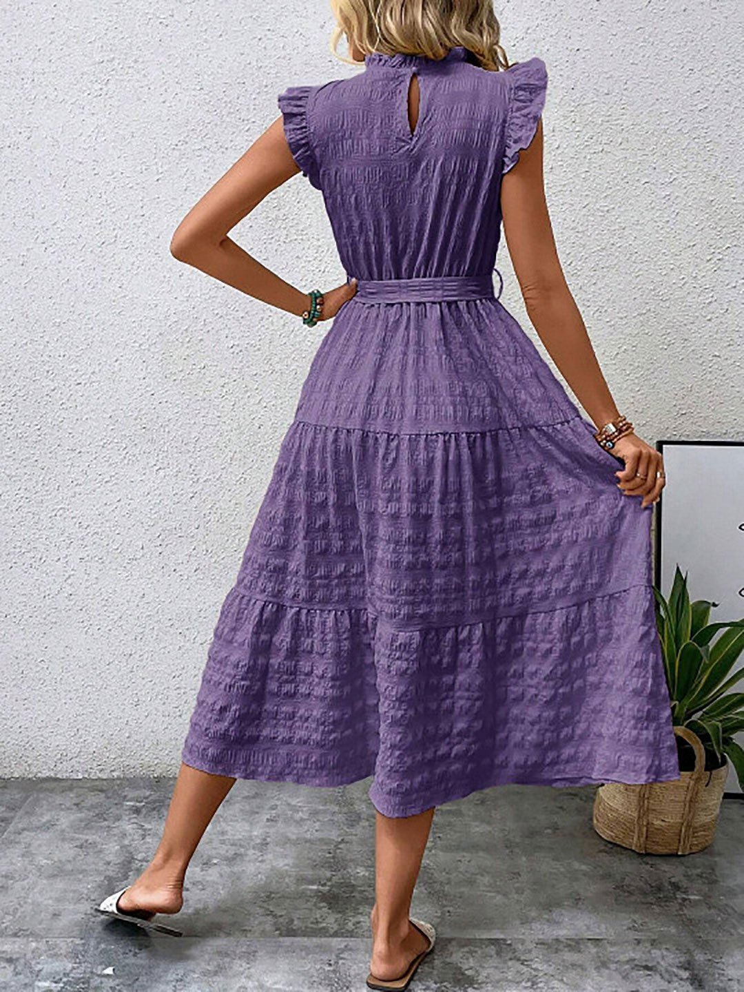 Purple Tiered Midi Dress with Tie-Belt