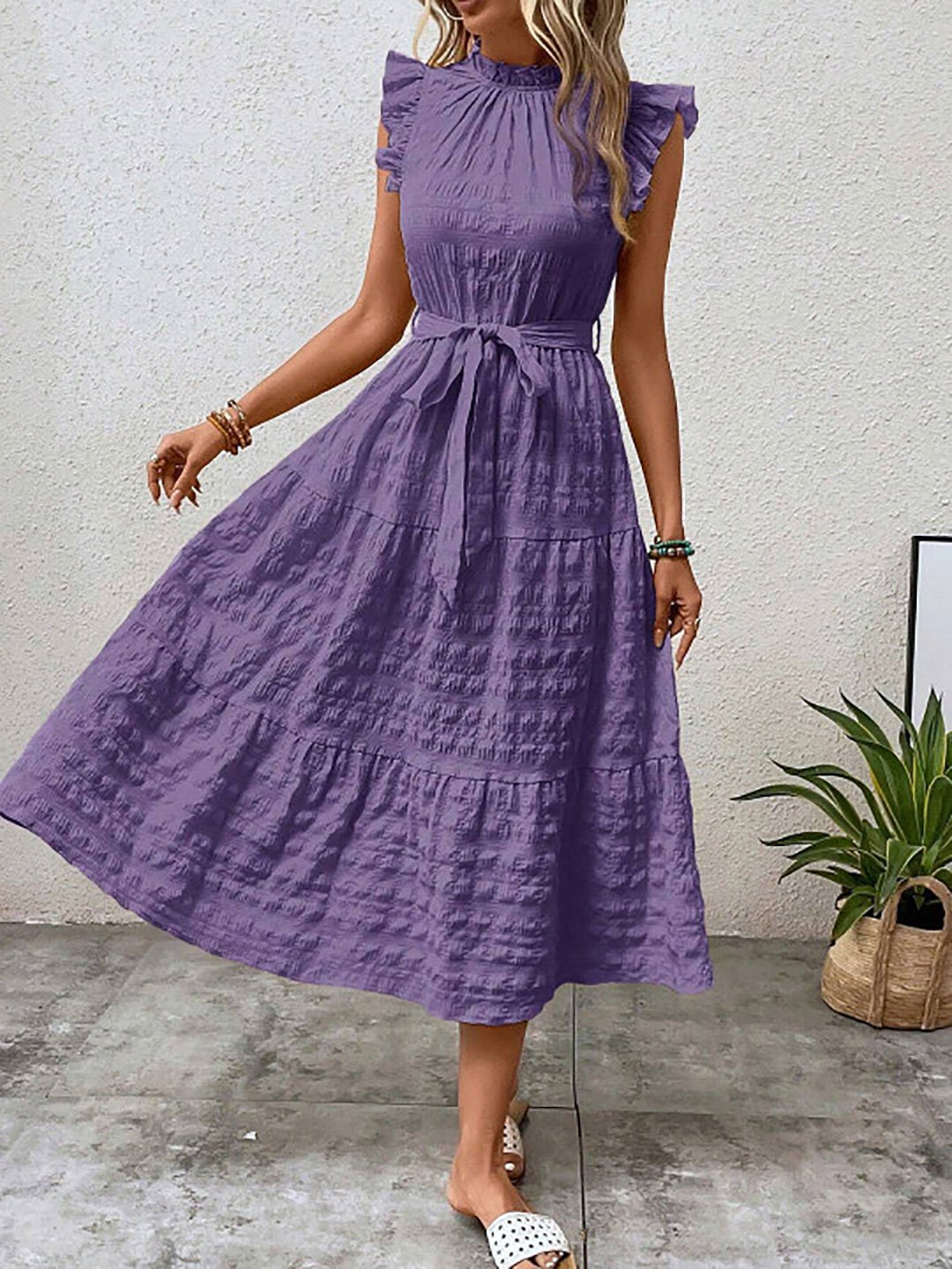 Purple Tiered Midi Dress with Tie-Belt