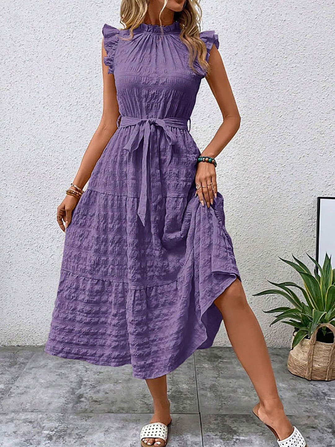 Purple Tiered Midi Dress with Tie-Belt