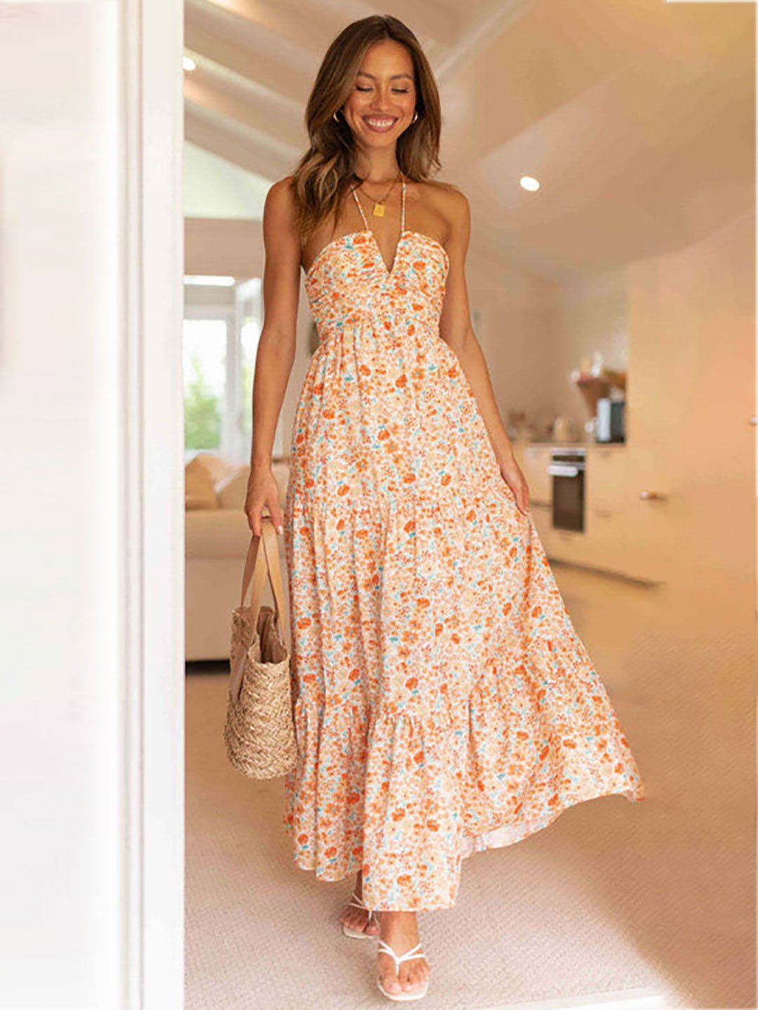 White Floral Print Halter Neck Maxi Dress