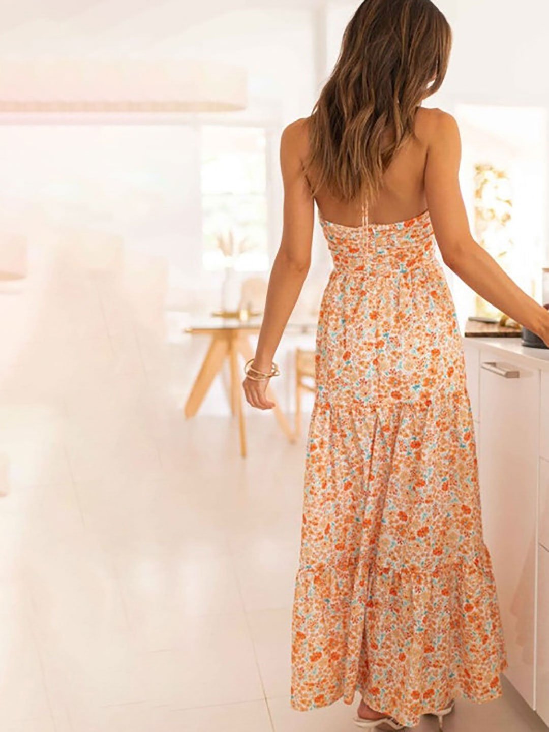 White Floral Print Halter Neck Maxi Dress