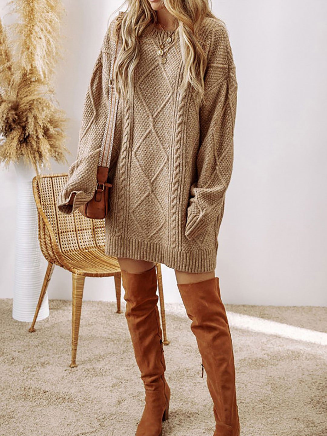 Beige Cable Knit Sweater Mini Dress