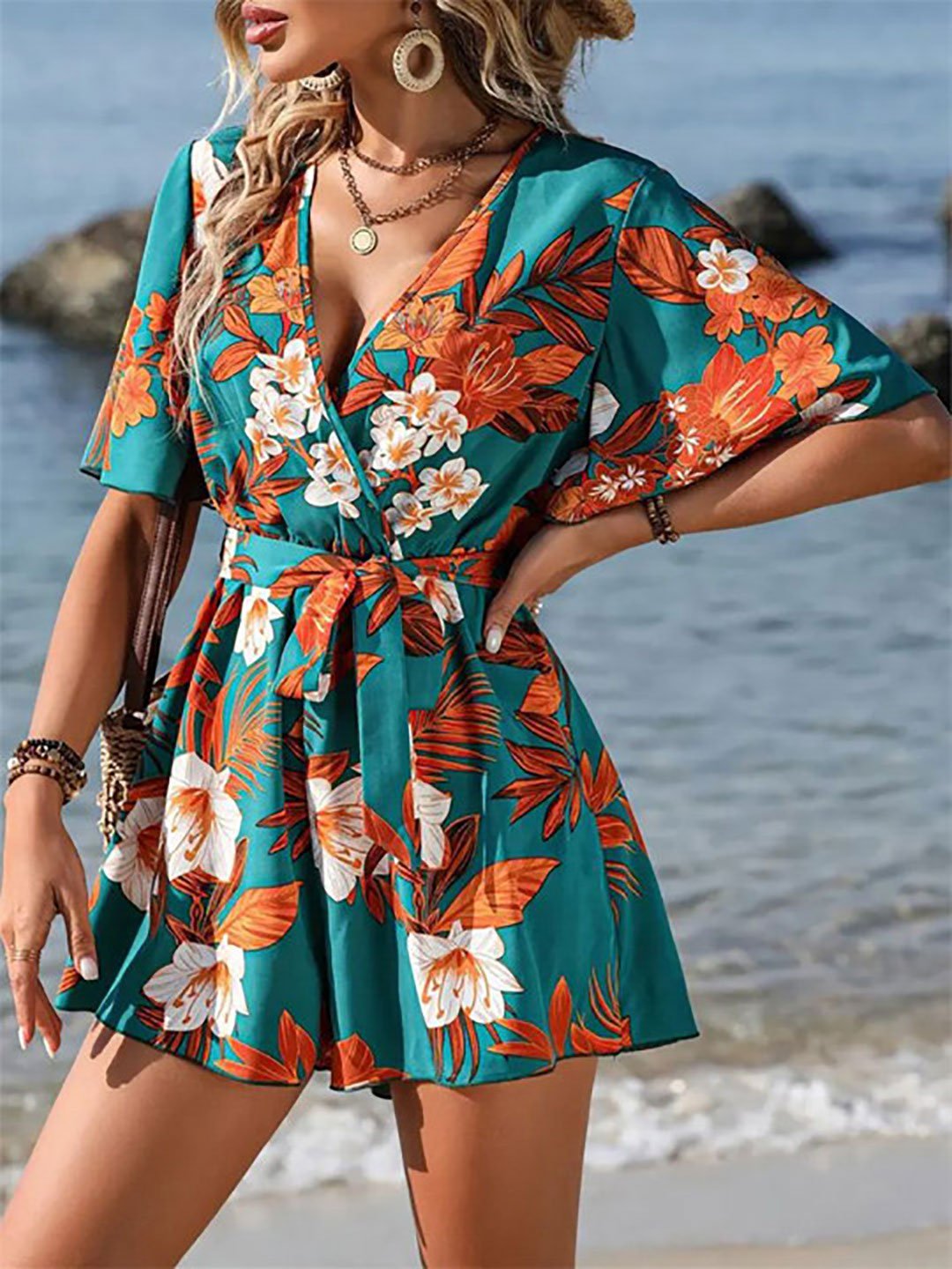Green Floral Print A-Line Mini Dress