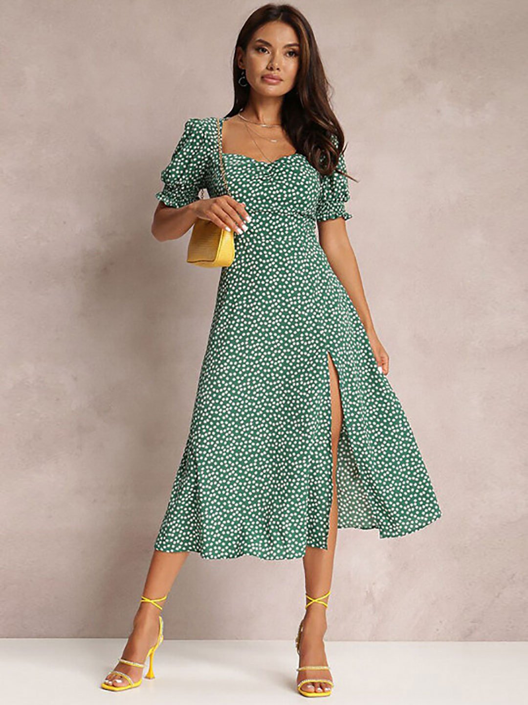 Green Ditsy Print A-Line Midi Dress