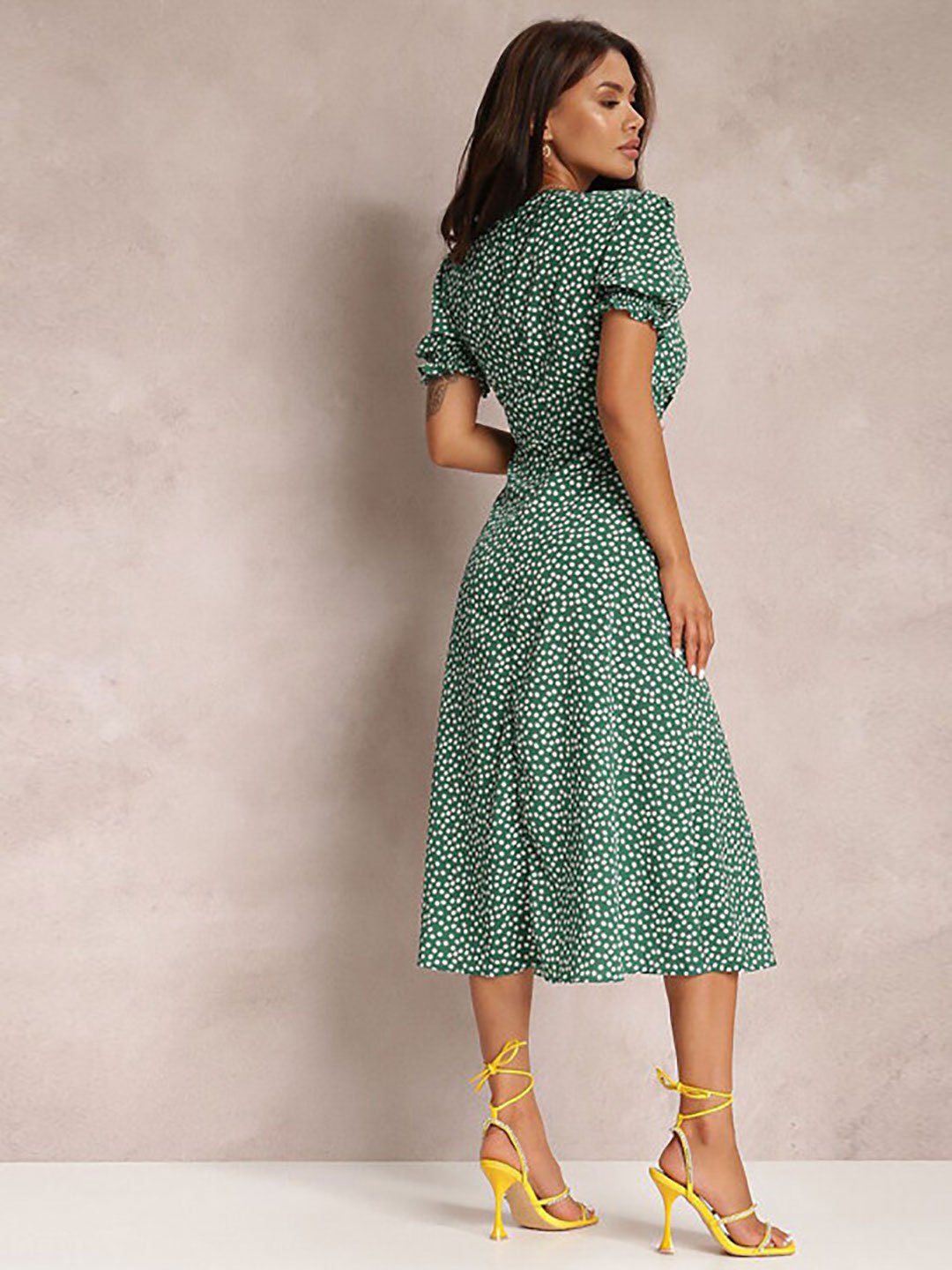 Green Ditsy Print A-Line Midi Dress