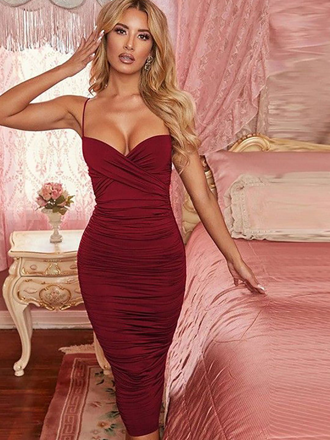 Maroon Gathered Bodycon Midi Dress