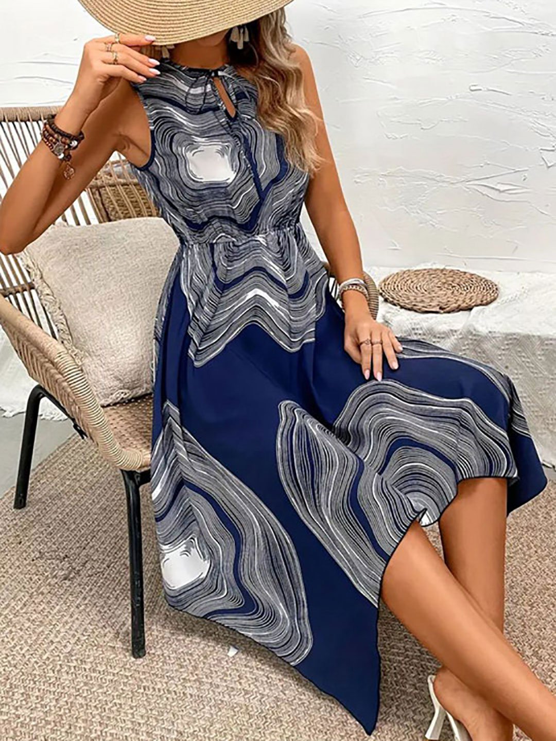 Navy Blue Asymmetric Hem Printed Midi Dress For Women at Kuwait | Styli