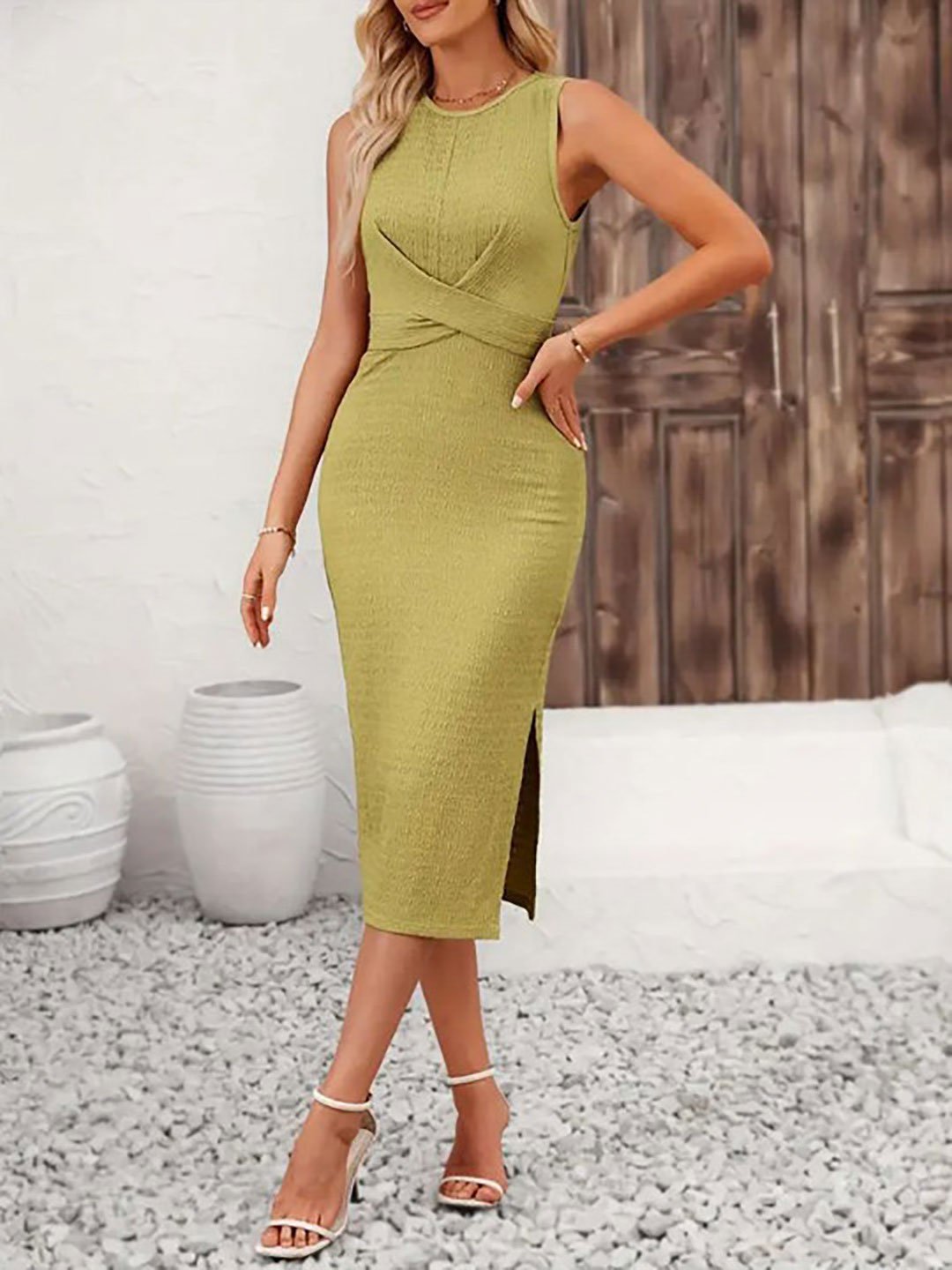 Green Textured Sheath Midi Dress