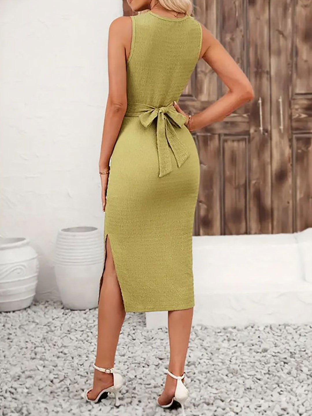 Green Textured Sheath Midi Dress