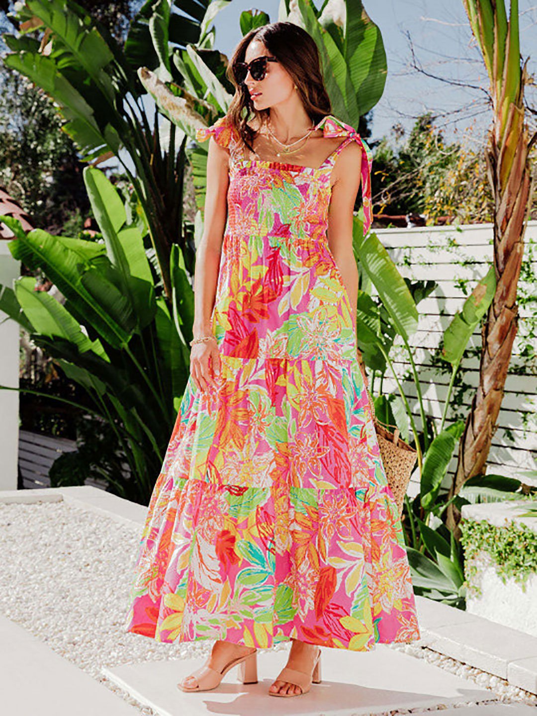 Pink Tropical Print Smocked Maxi Dress