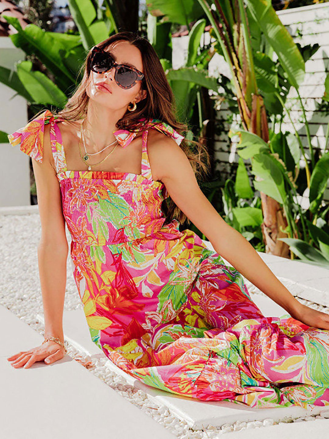 Pink Tropical Print Smocked Maxi Dress