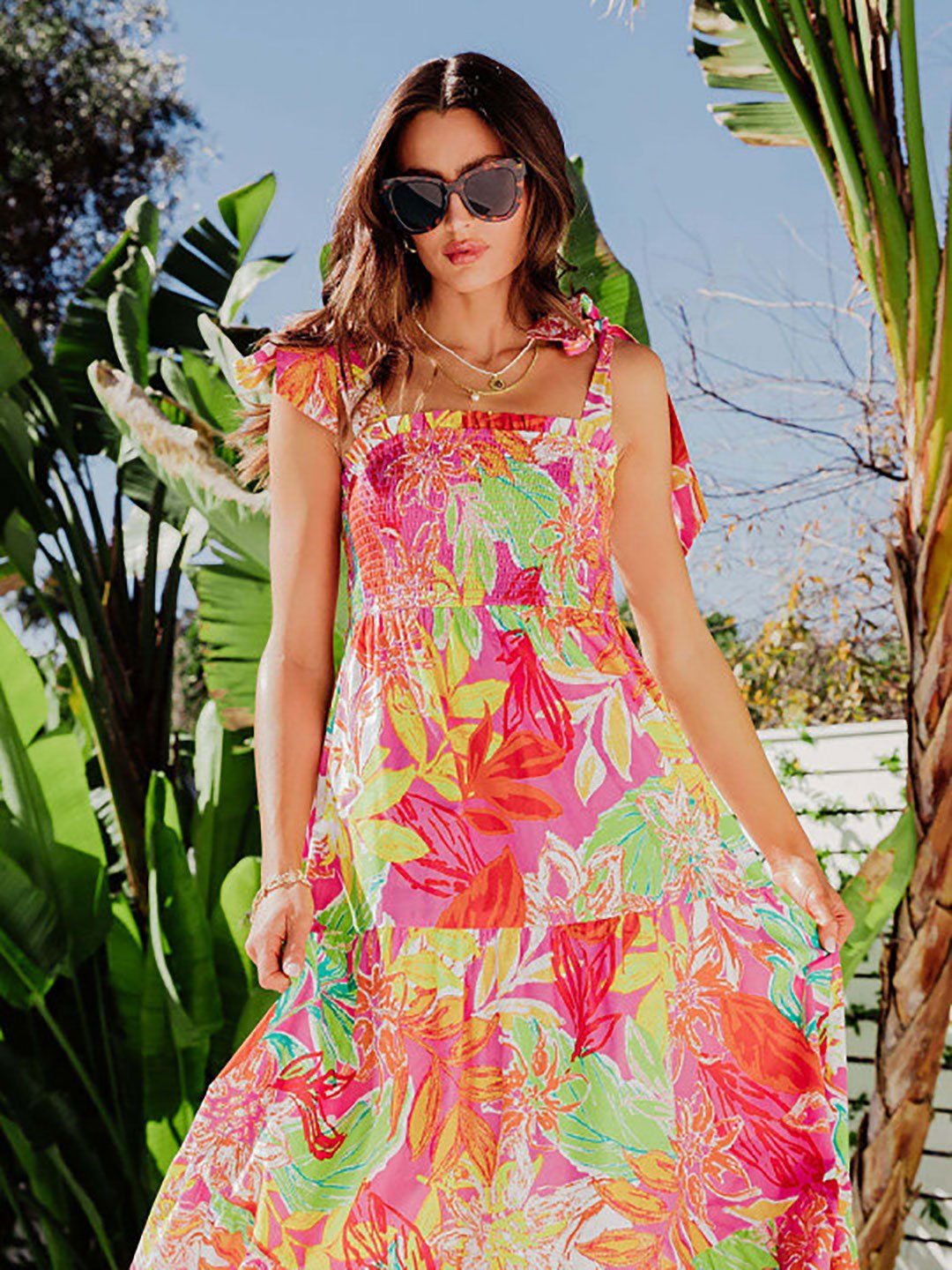 Pink Tropical Print Smocked Maxi Dress
